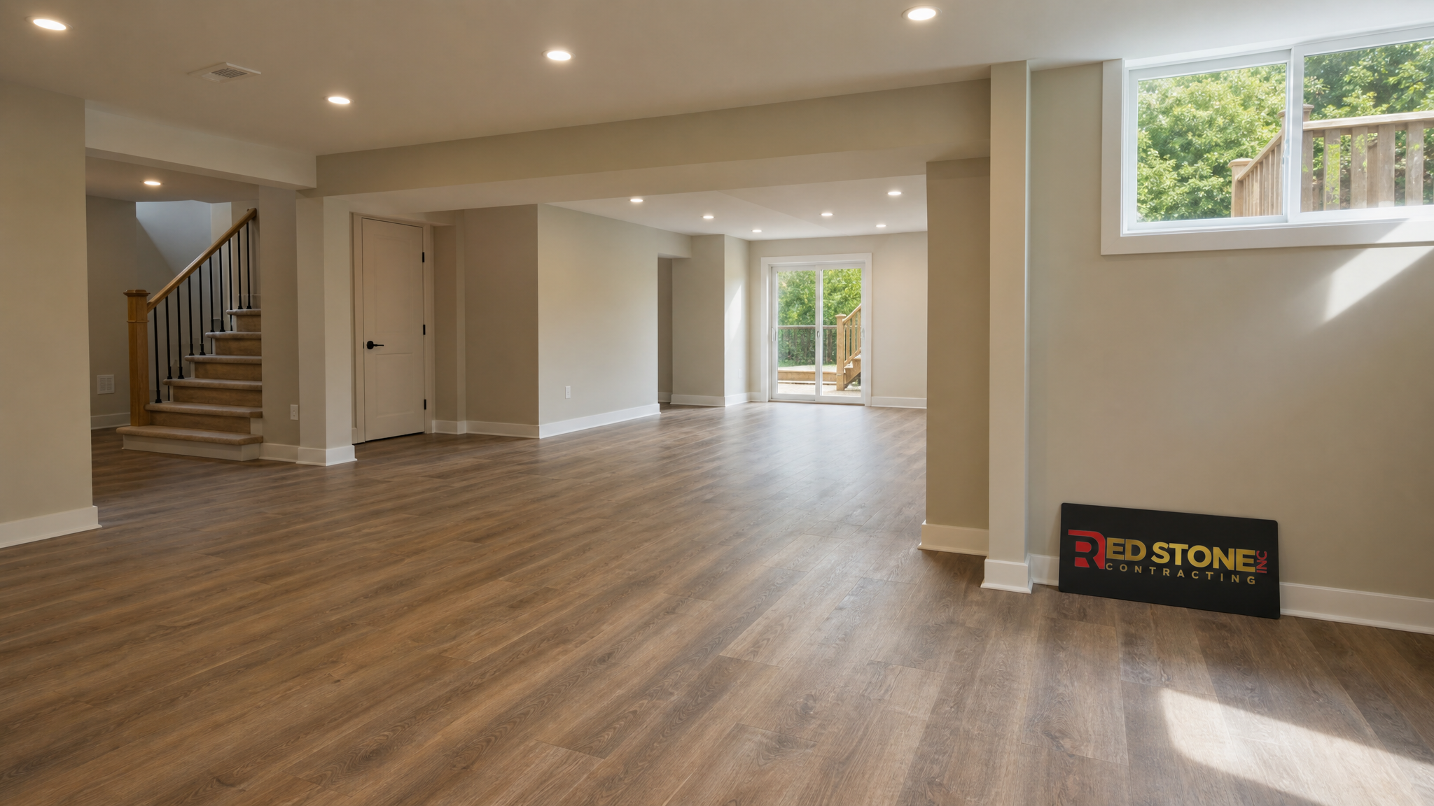 Wide establishing shot of a finished lower level in a Caledon home with a small Red Stone Contracting sign placard nearby