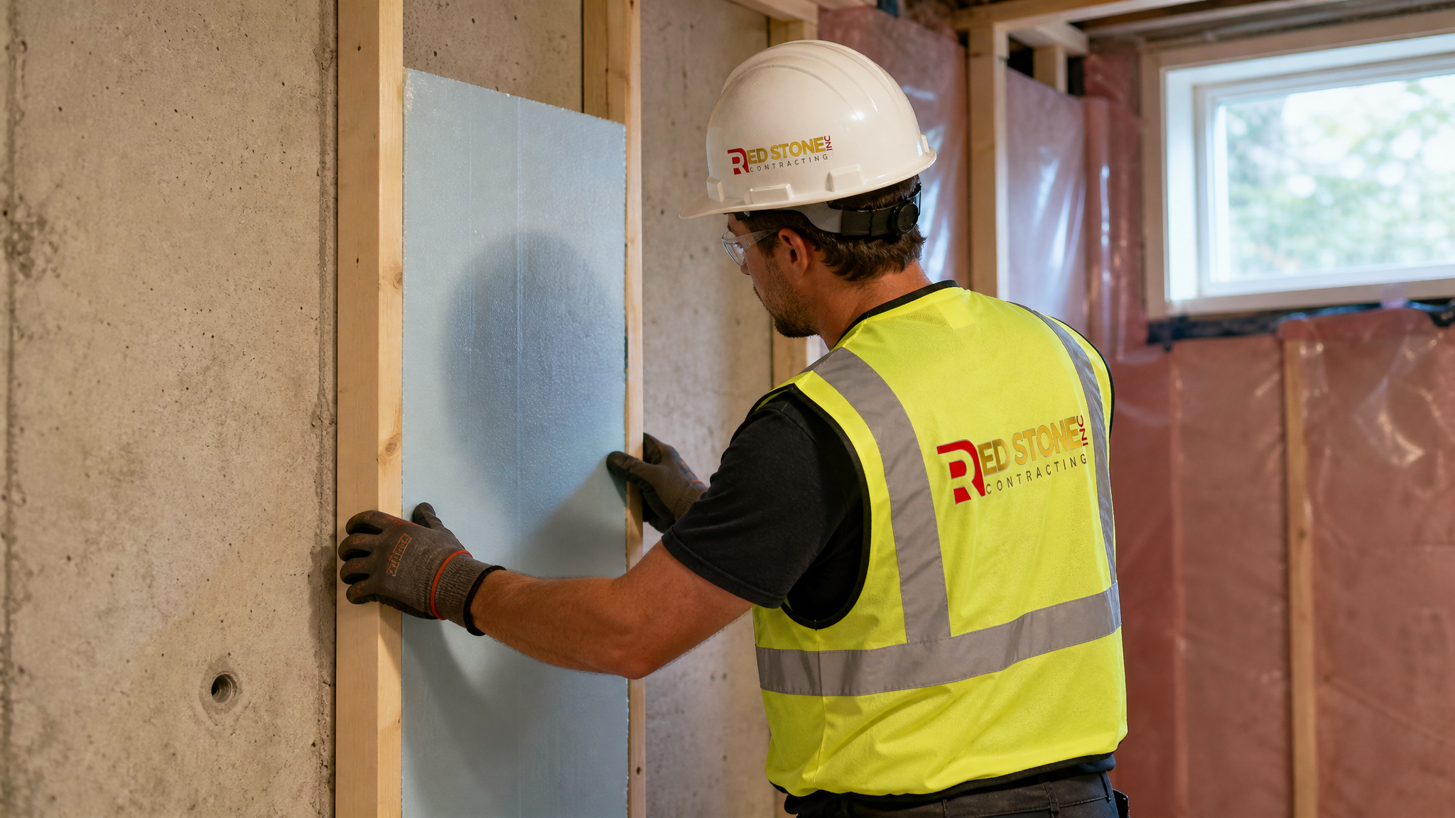 Tradesperson in full safety PPE framing an insulated basement wall in a Caledon home