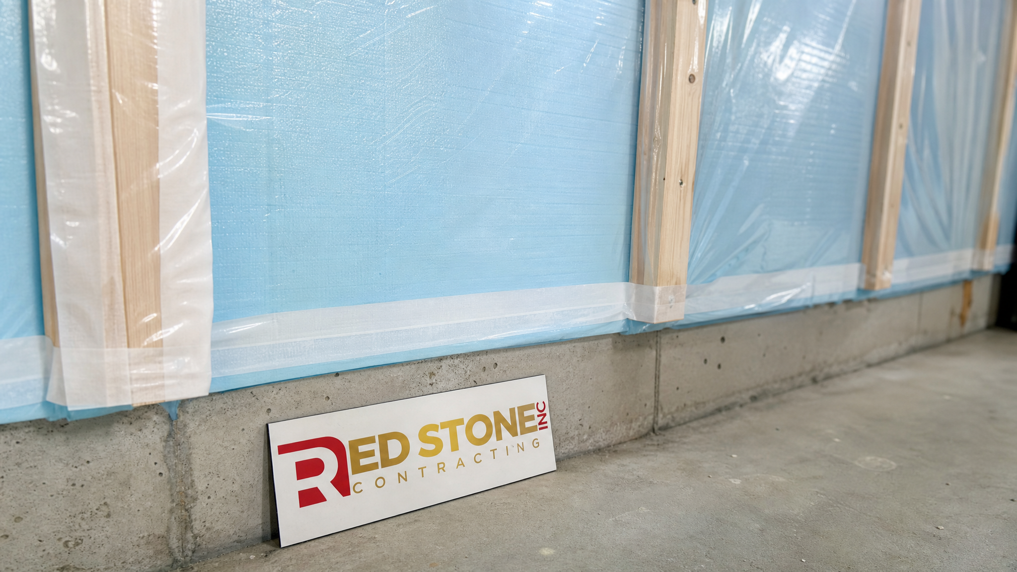 Close-up of rigid foam insulation and vapour barrier installed on a basement foundation wall