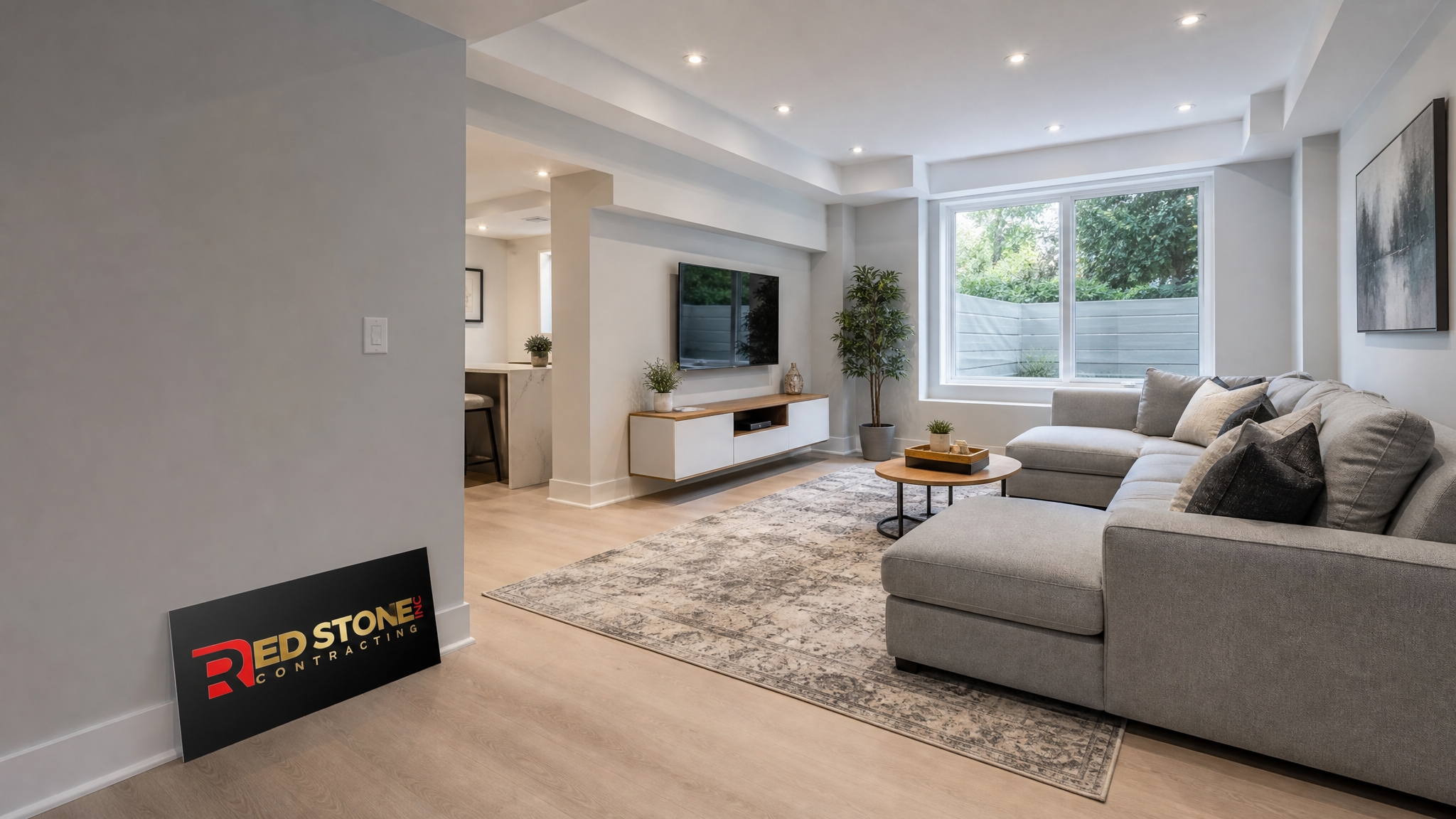 Newly finished open-concept basement living space in an Ajax home with recessed lighting and light flooring