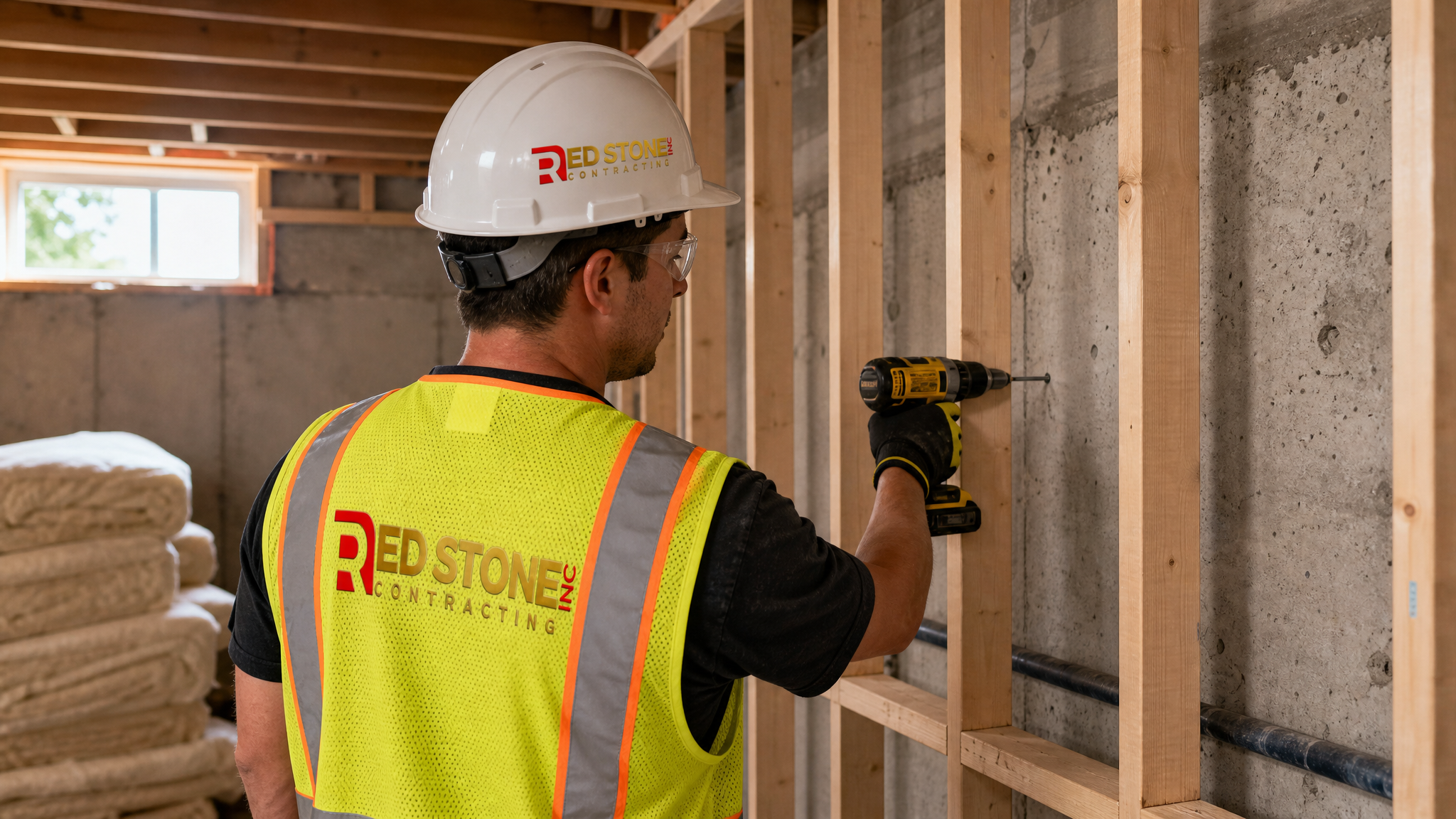 Tradesperson in full safety gear framing a basement wall during an Ajax renovation