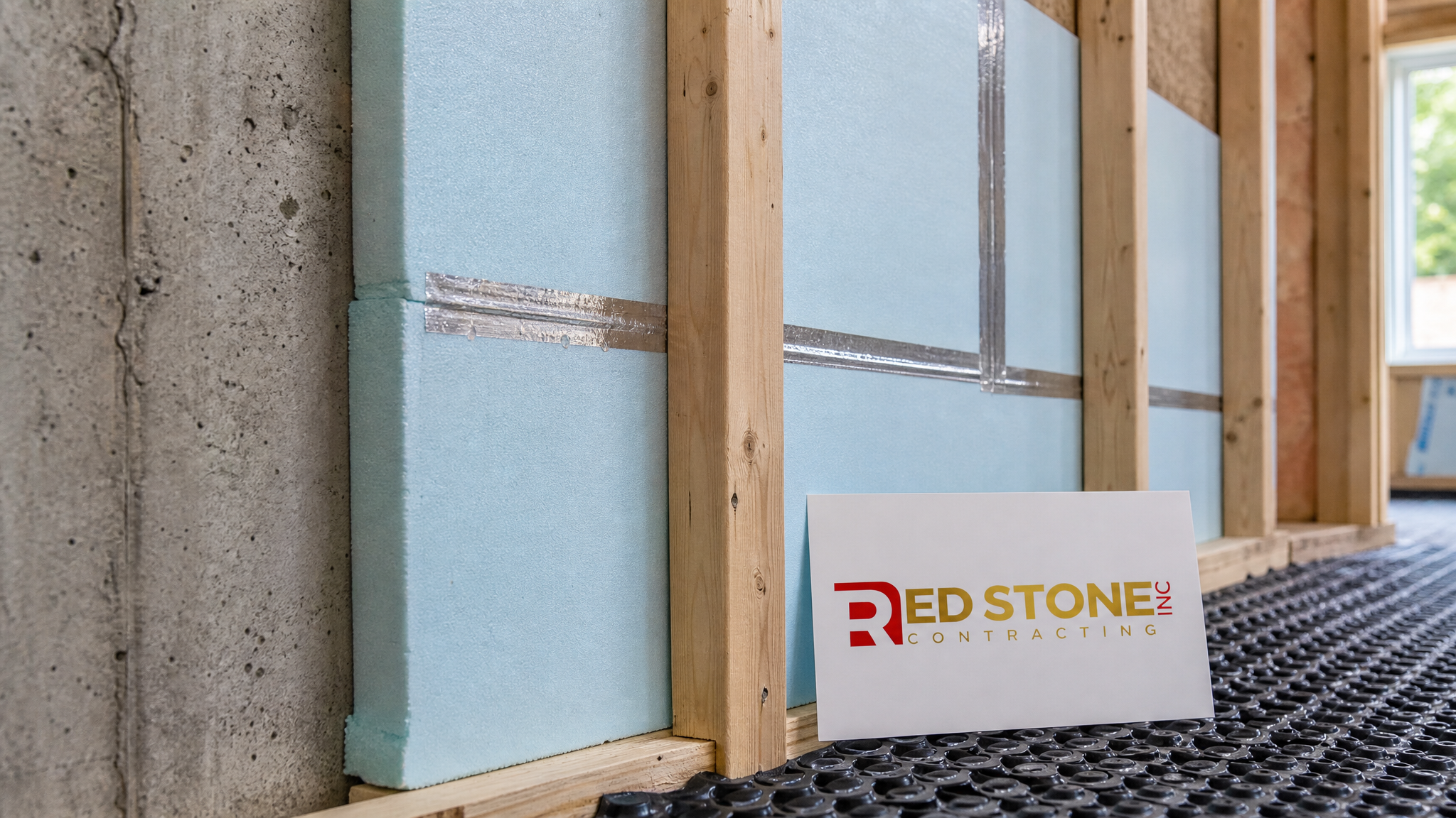 Close-up of rigid foam insulation and framed wall assembly against a concrete foundation with a Red Stone Contracting sign placard nearby