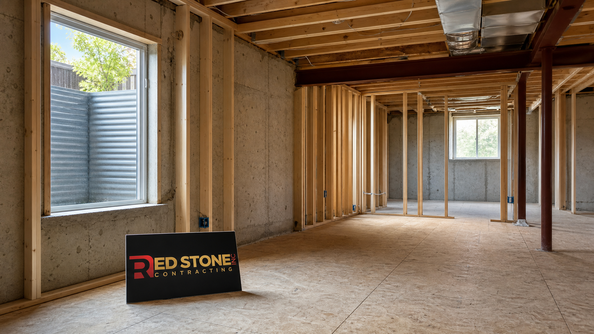 Wide establishing shot of a bright, newly framed Georgetown basement being prepared for renovation with a Red Stone Contracting sign placard nearby