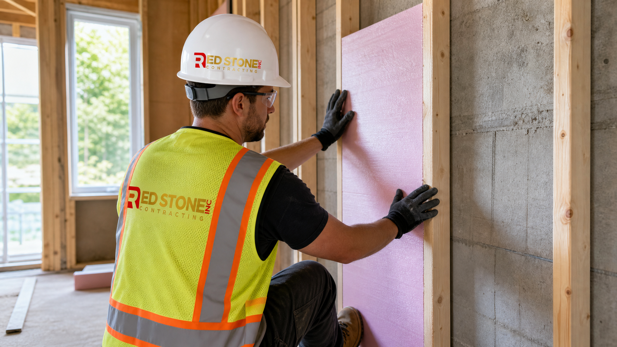 A tradesperson in full safety PPE installing insulation and framing during a basement renovation in Georgetown