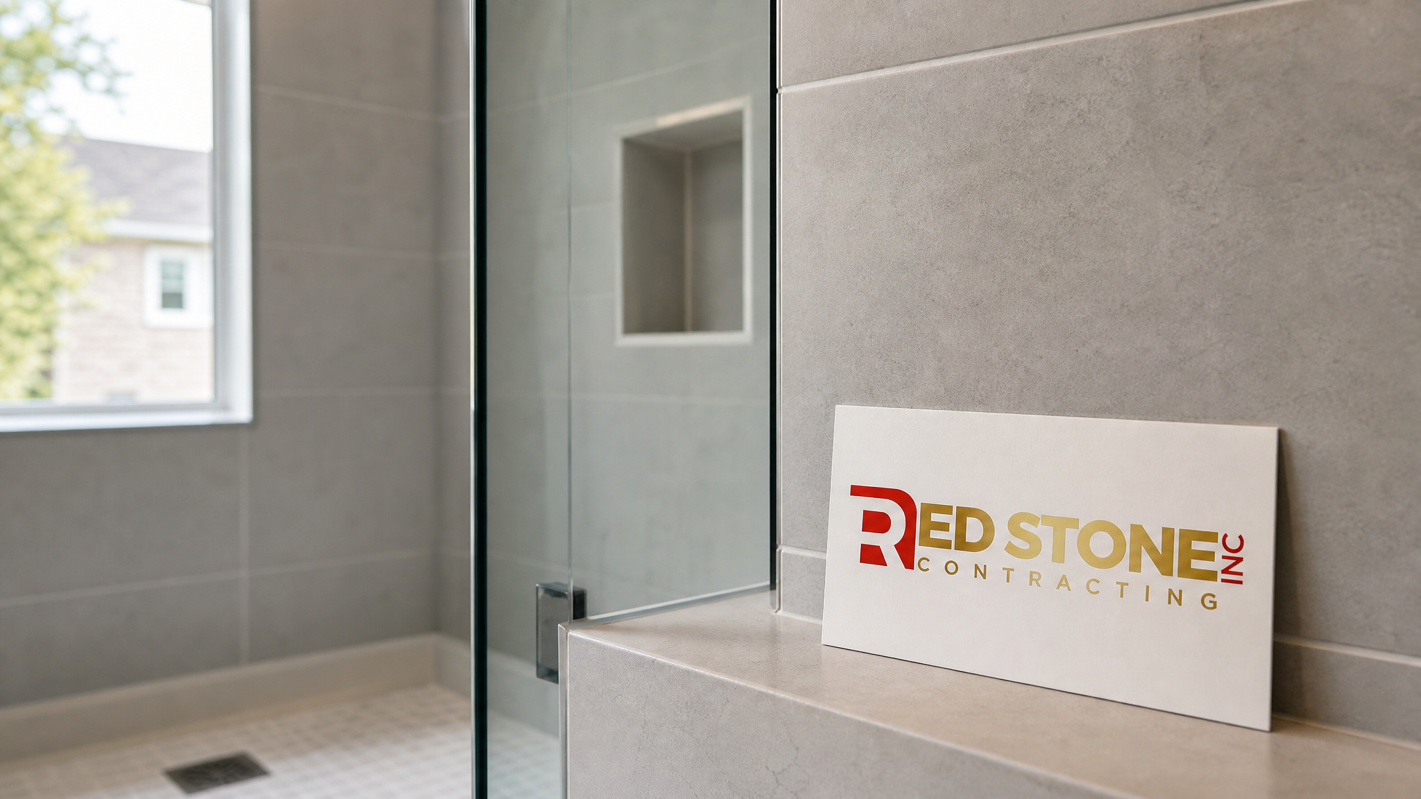 Close-up of large-format porcelain tile and frameless glass in a finished condo shower