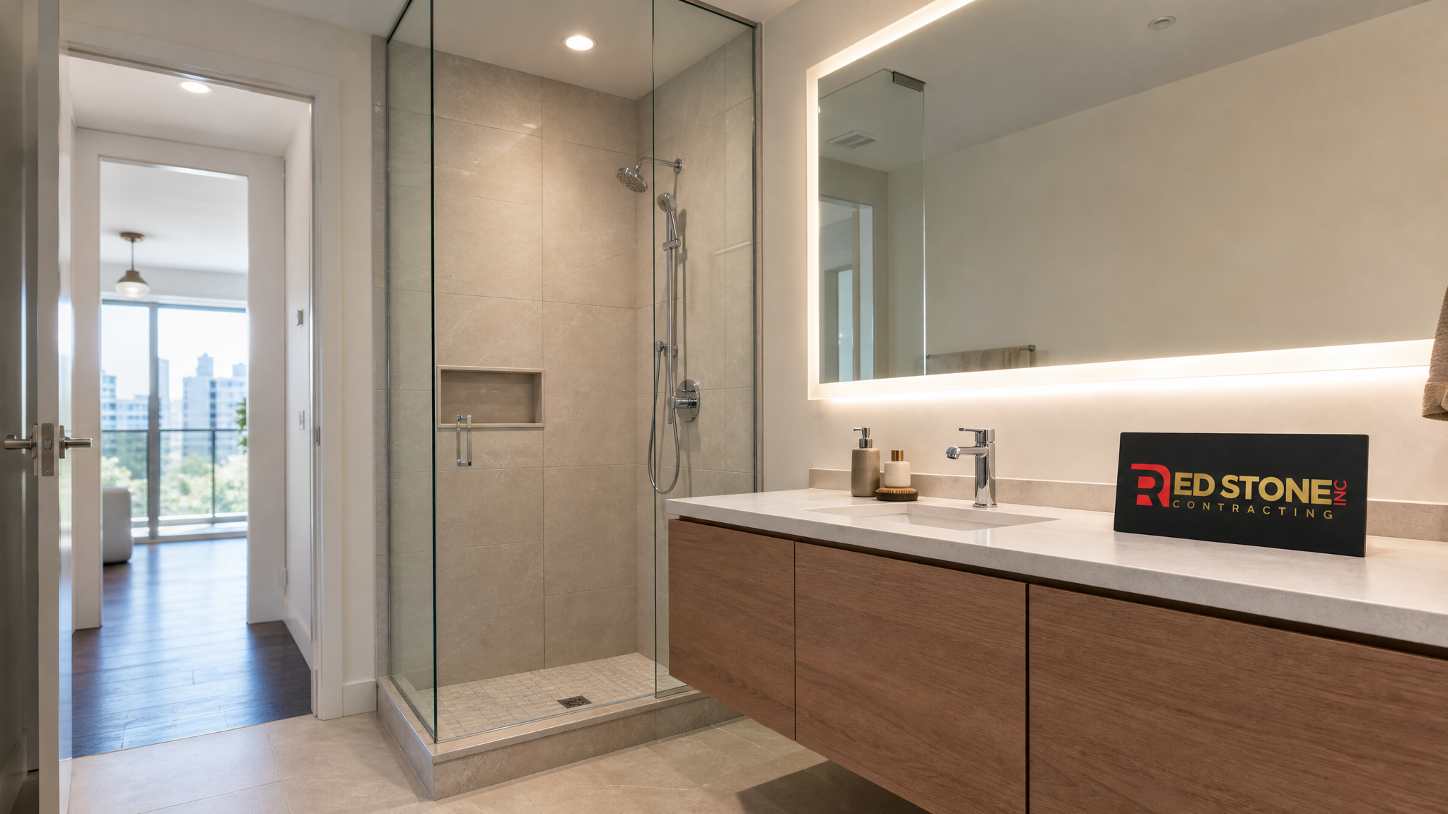 Modern renovated condo bathroom in a Toronto highrise with a walk-in glass shower and floating vanity
