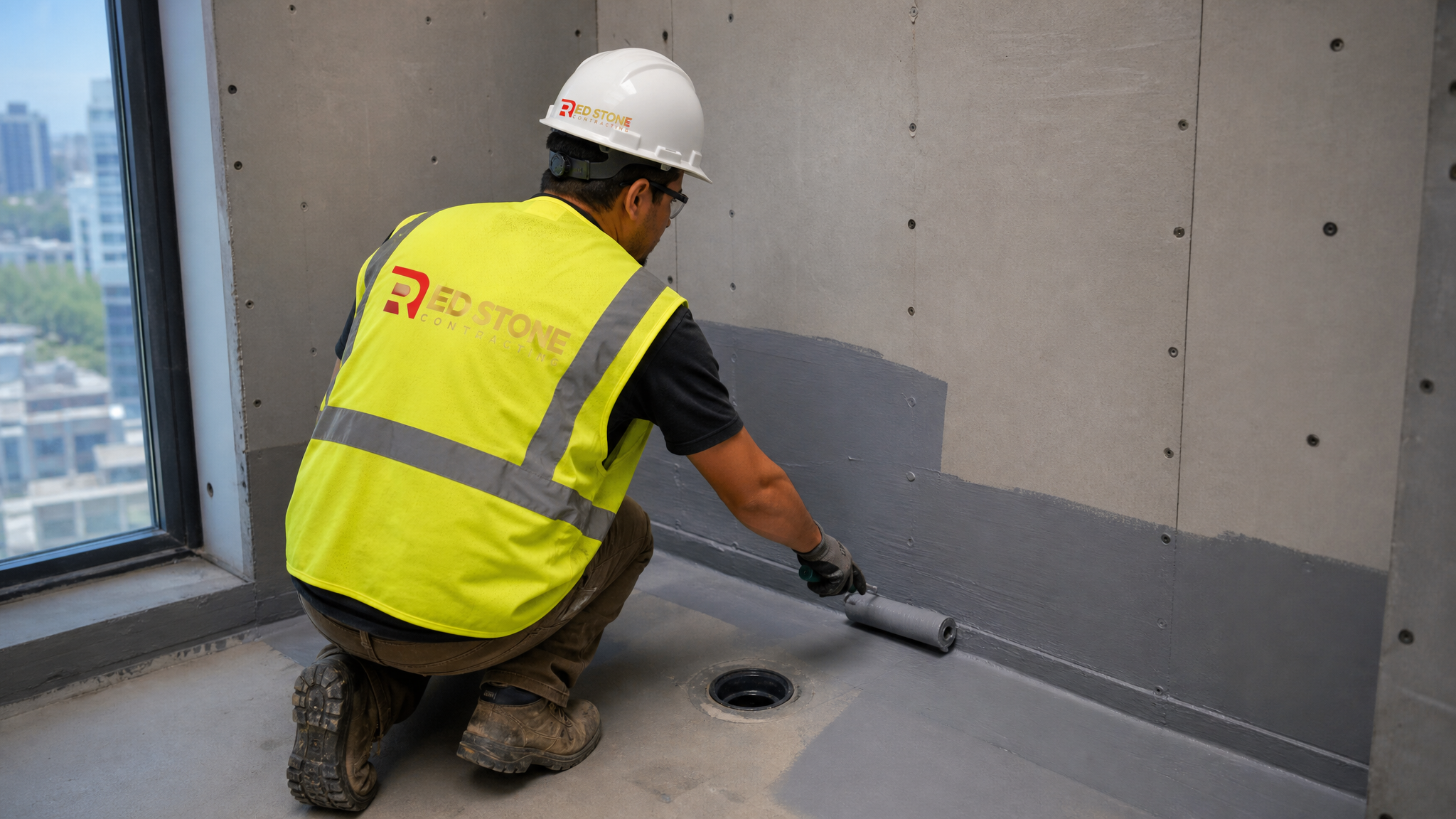 Tradesperson in full safety gear installing waterproof membrane in a Toronto condo bathroom