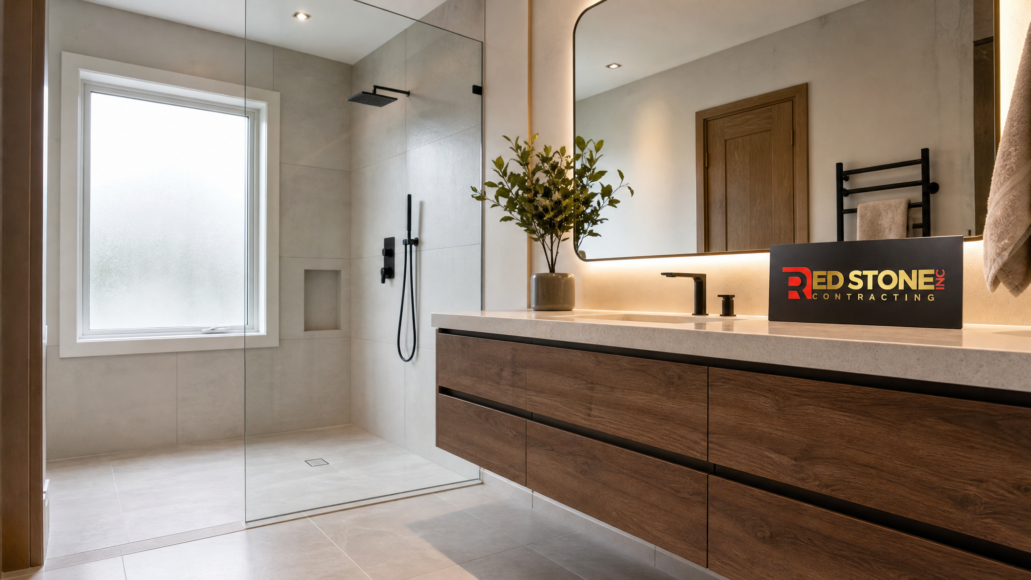 Newly renovated Mississauga main bathroom with walk-in glass shower, floating vanity and large-format porcelain tile in bright summer daylight