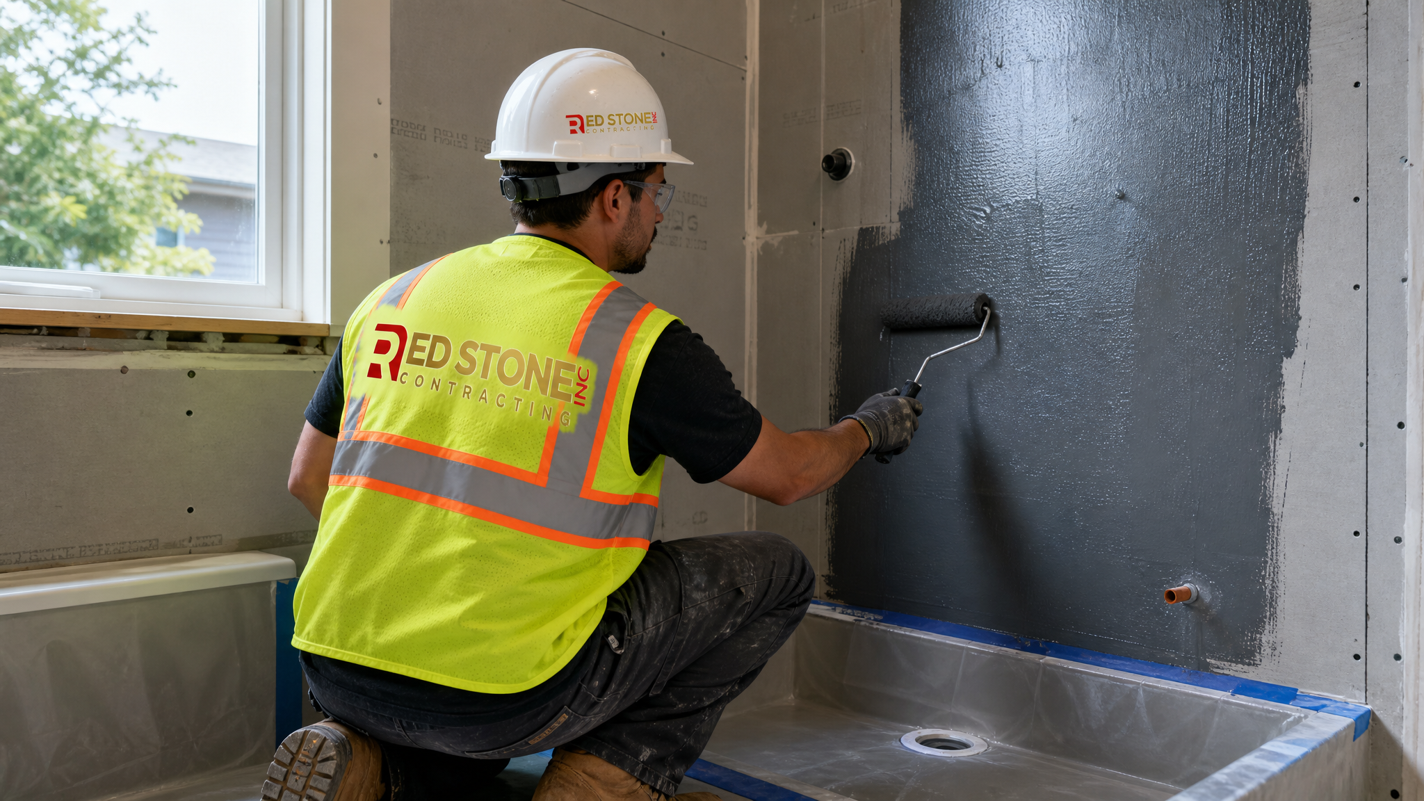 Tradesperson in hard hat, hi-vis vest, safety glasses and gloves applying waterproofing membrane to a shower wall in a Mississauga bathroom renovation