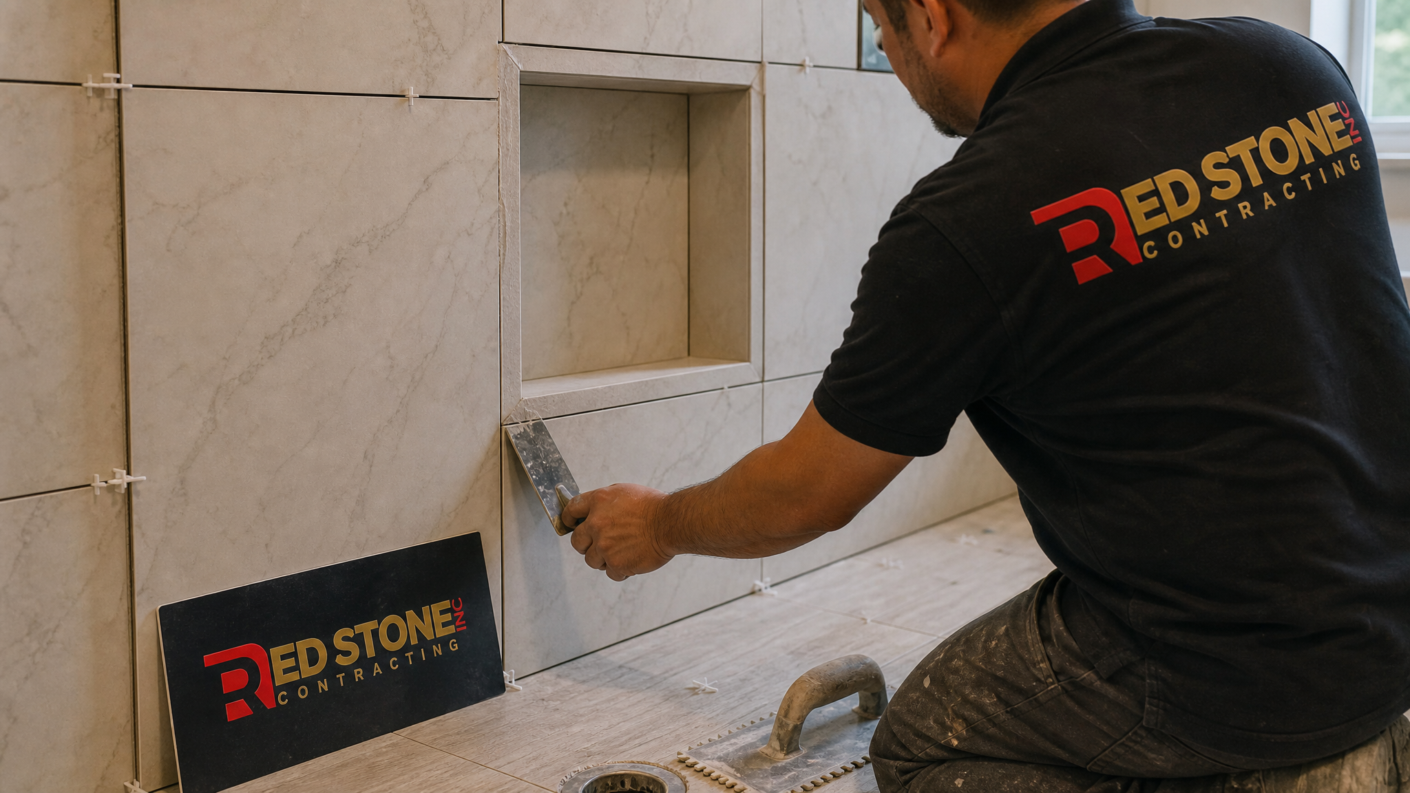 Close-up of large-format porcelain tile installation with a built-in shower niche in a Vaughan bathroom