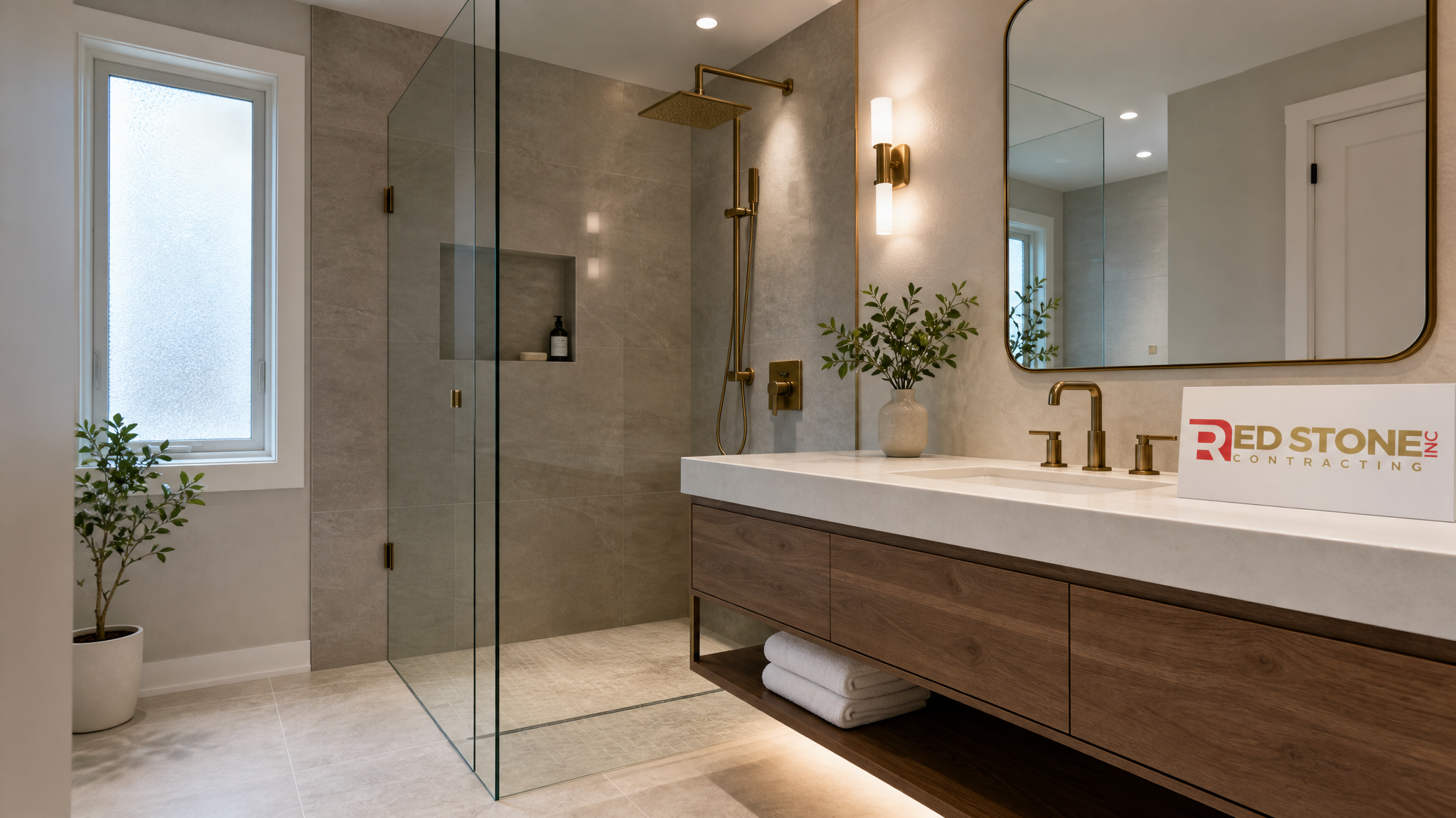 Wide establishing shot of a newly renovated modern bathroom in a Vaughan home with large-format porcelain tile, a curbless glass walk-in shower and a floating vanity
