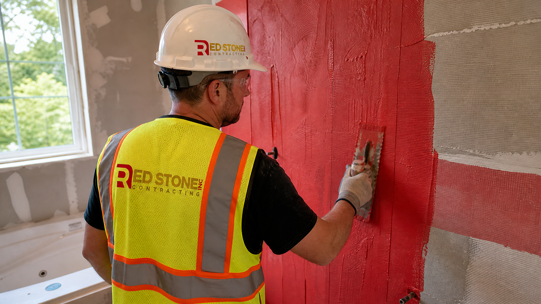 A tradesperson in full safety gear applying waterproof membrane to shower walls during a Vaughan bathroom renovation