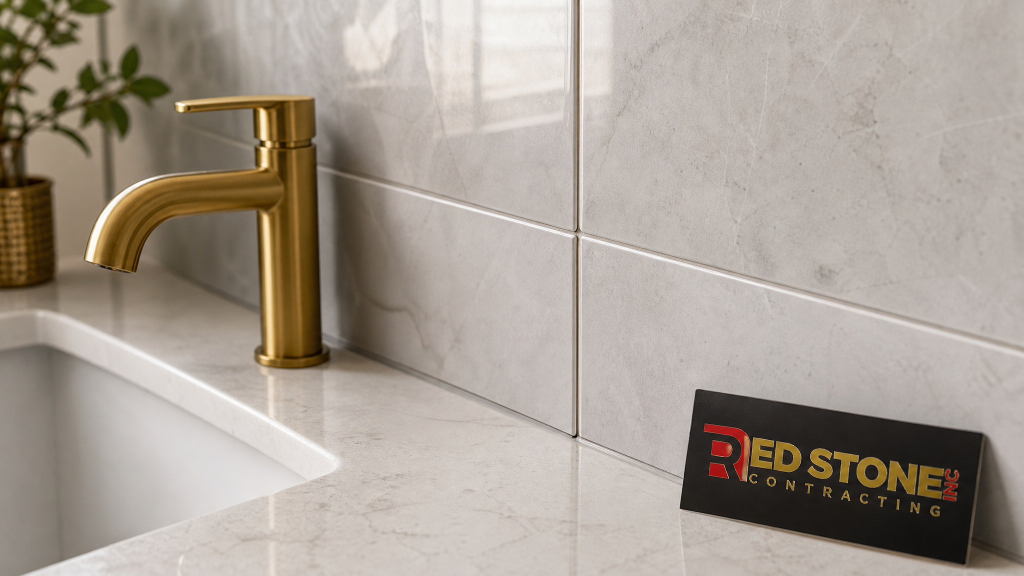Close-up of large-format porcelain tile and quartz vanity detail in a Brampton bathroom