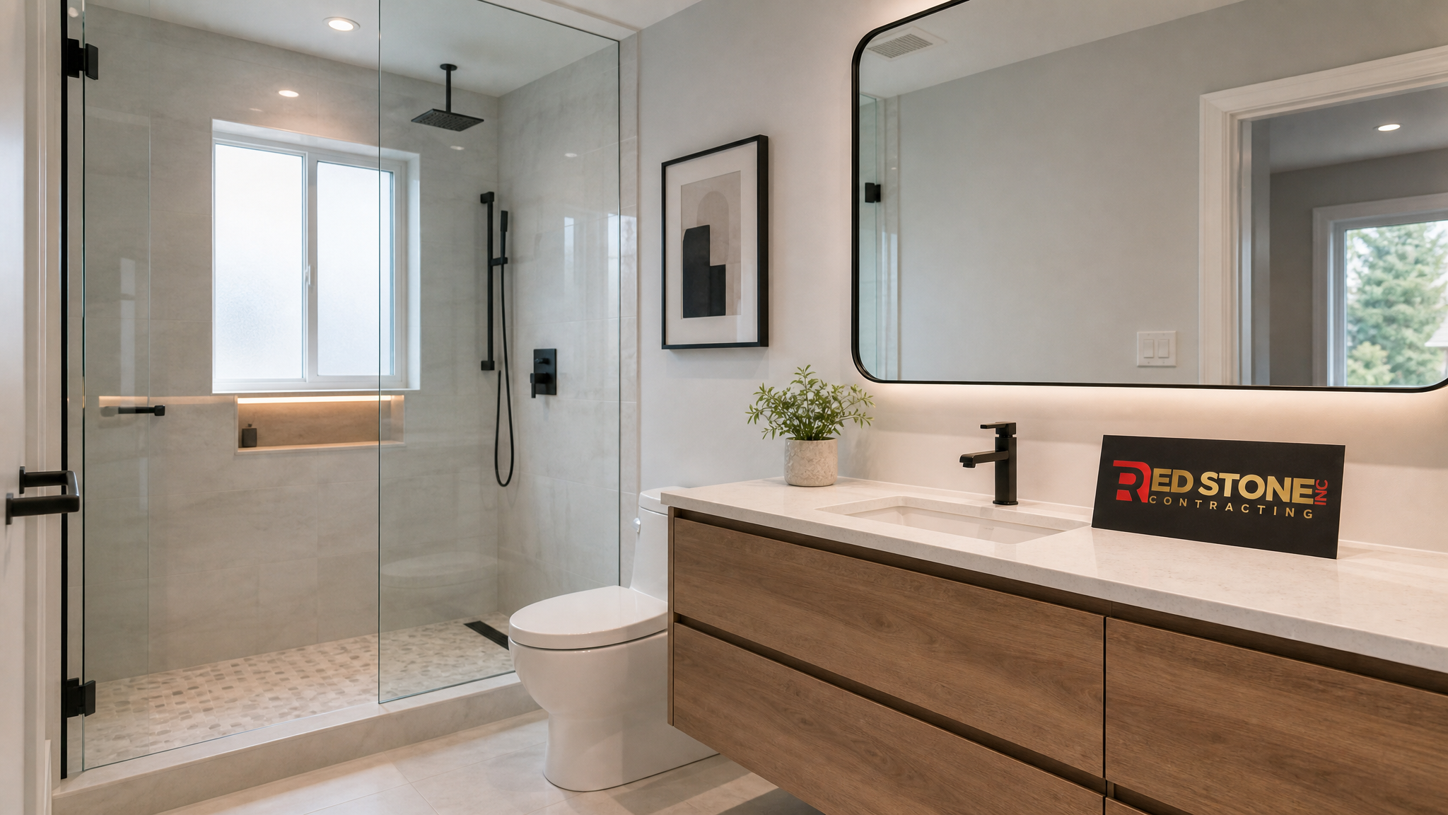 Newly renovated modern bathroom in a Brampton home with walk-in glass shower and floating vanity