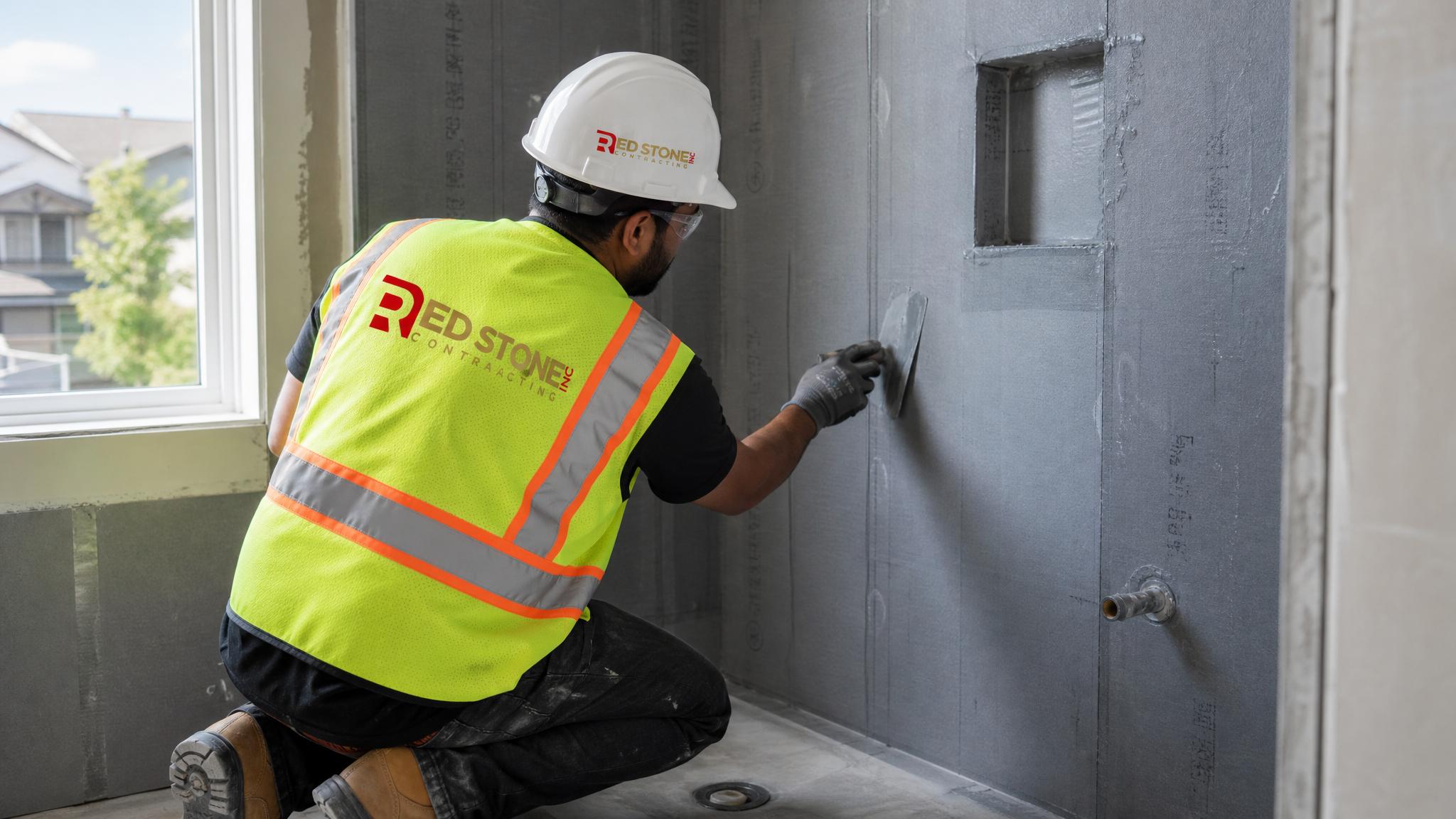 Tradesperson in full safety gear installing waterproof membrane in a Brampton bathroom renovation