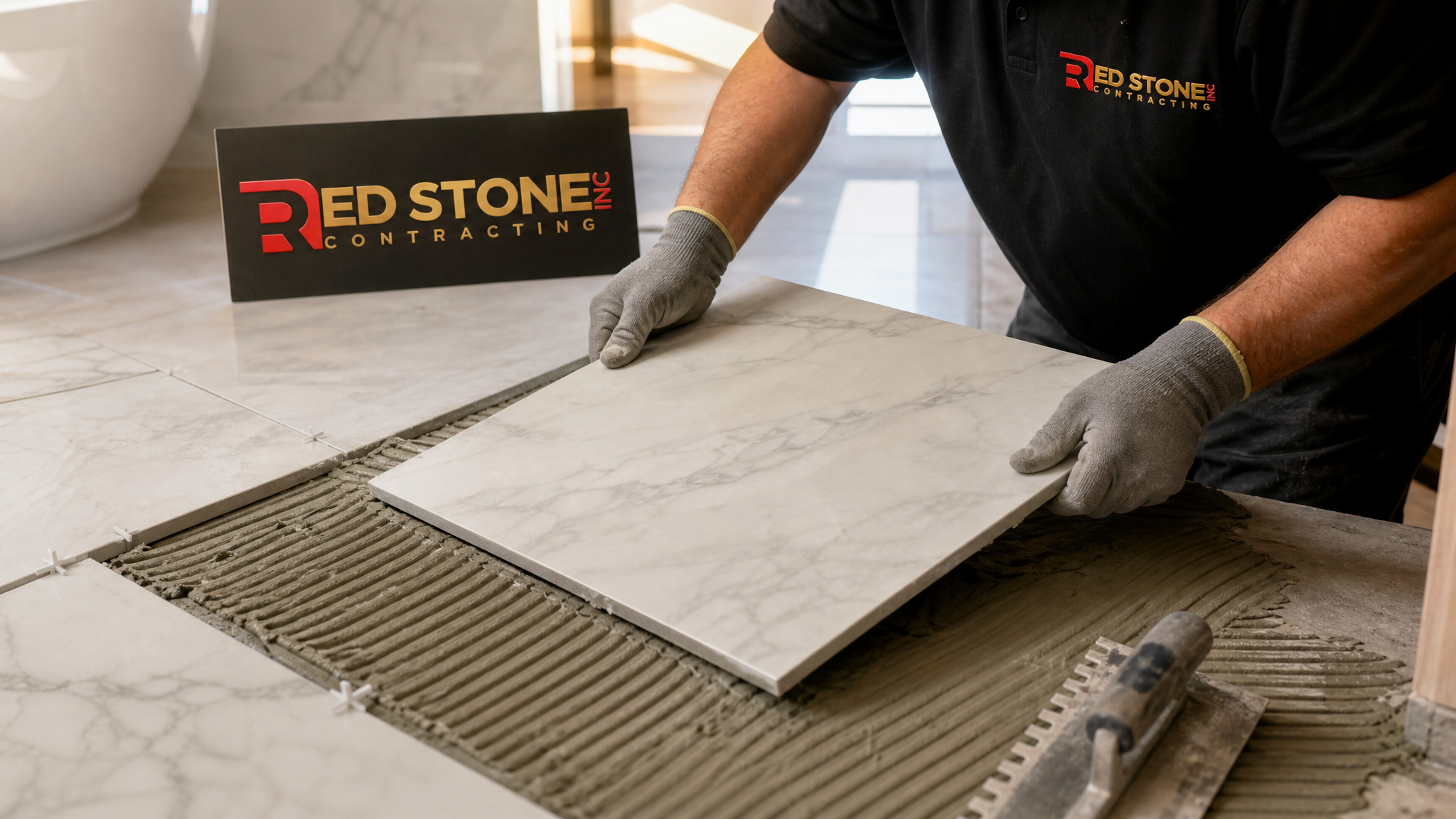 Close-up of large-format porcelain tile being set with a precision trowel during a bathroom renovation, with a small Red Stone Contracting sign placard nearby