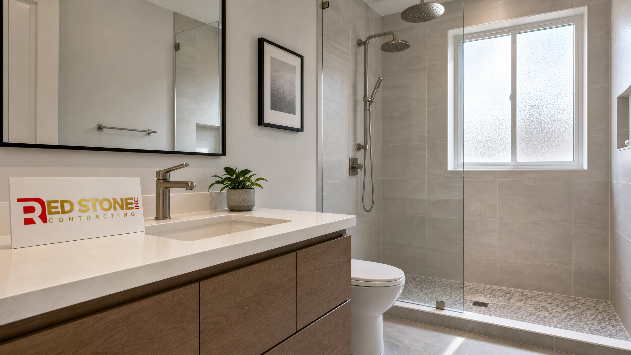 Newly renovated modern bathroom in a Markham home with a walk-in glass shower, floating vanity and porcelain tile, with a small Red Stone Contracting sign placard nearby