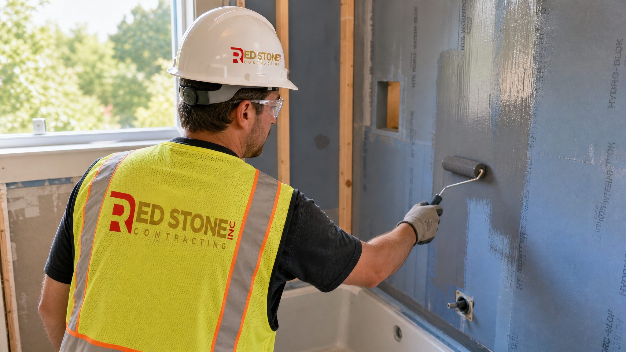A renovation tradesperson in full safety gear installing a waterproof membrane on the shower walls of a Markham bathroom renovation