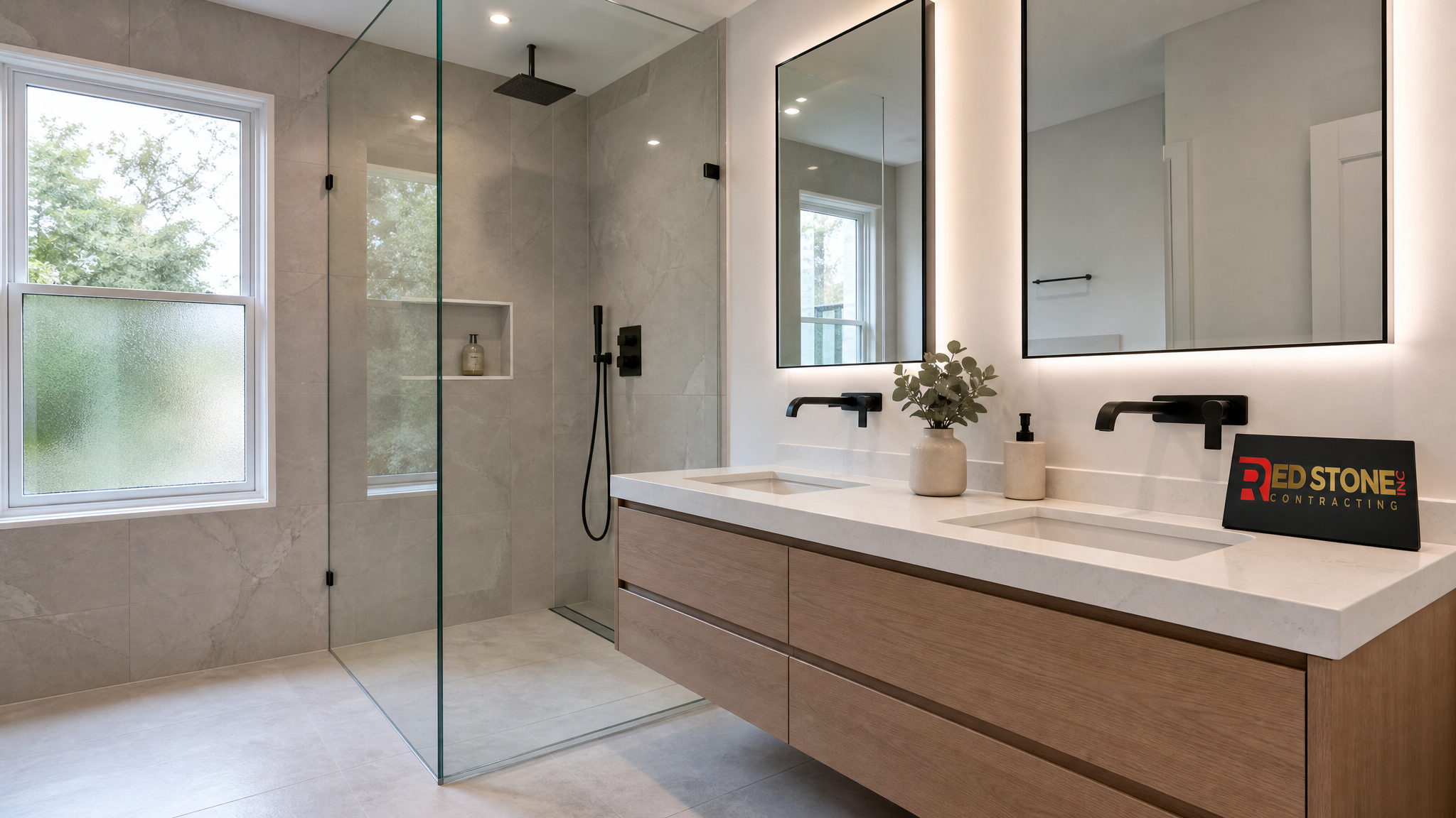 Newly renovated modern bathroom in a Richmond Hill home with walk-in glass shower and double vanity