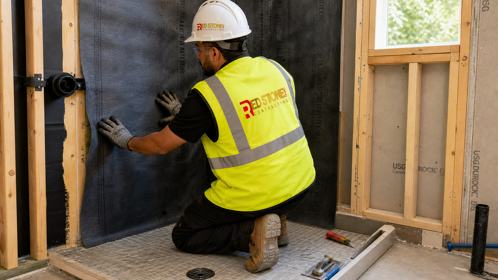 Renovation tradesperson in full safety gear installing waterproofing membrane in a Richmond Hill bathroom
