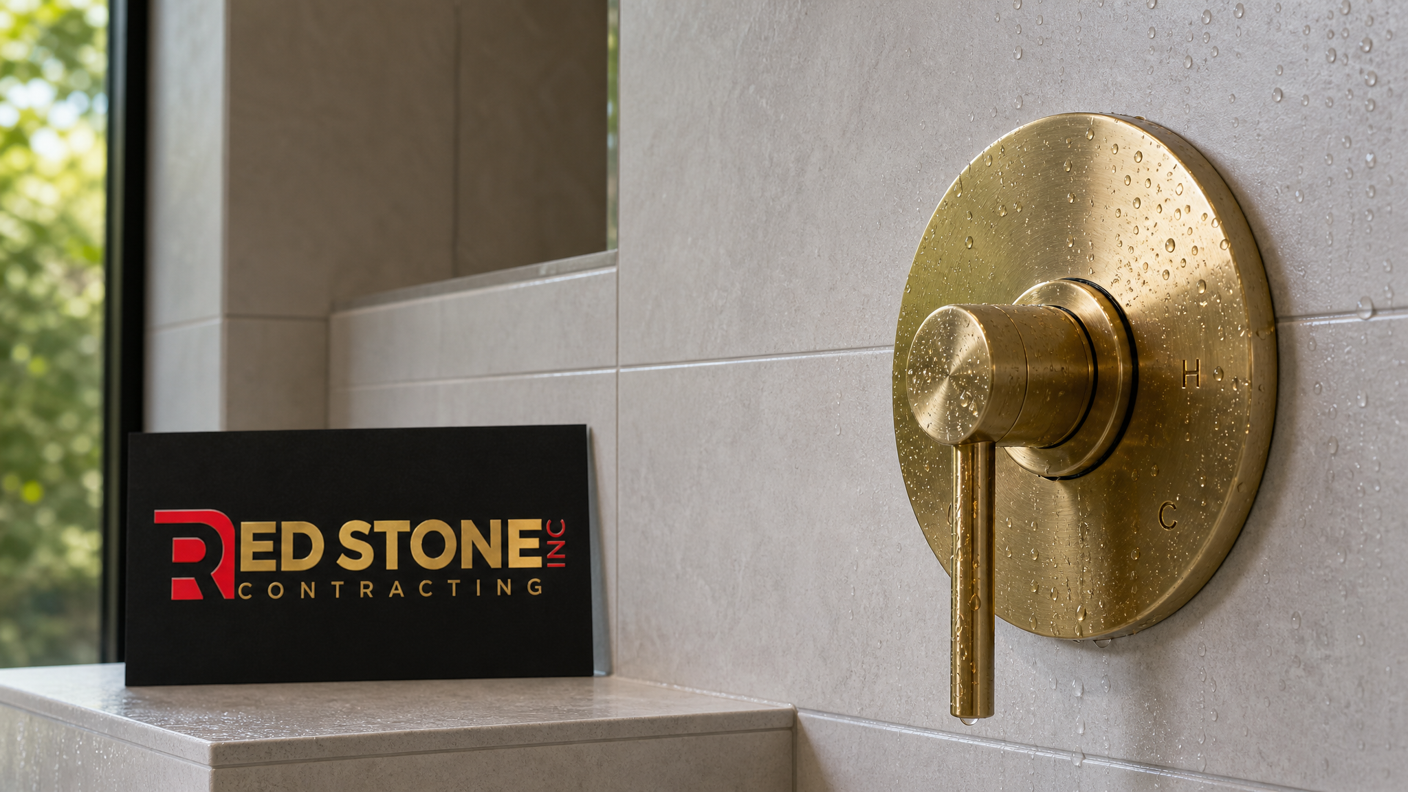 Close-up of large-format porcelain tile and a brushed brass fixture in a Burlington bathroom with a small Red Stone Contracting sign nearby