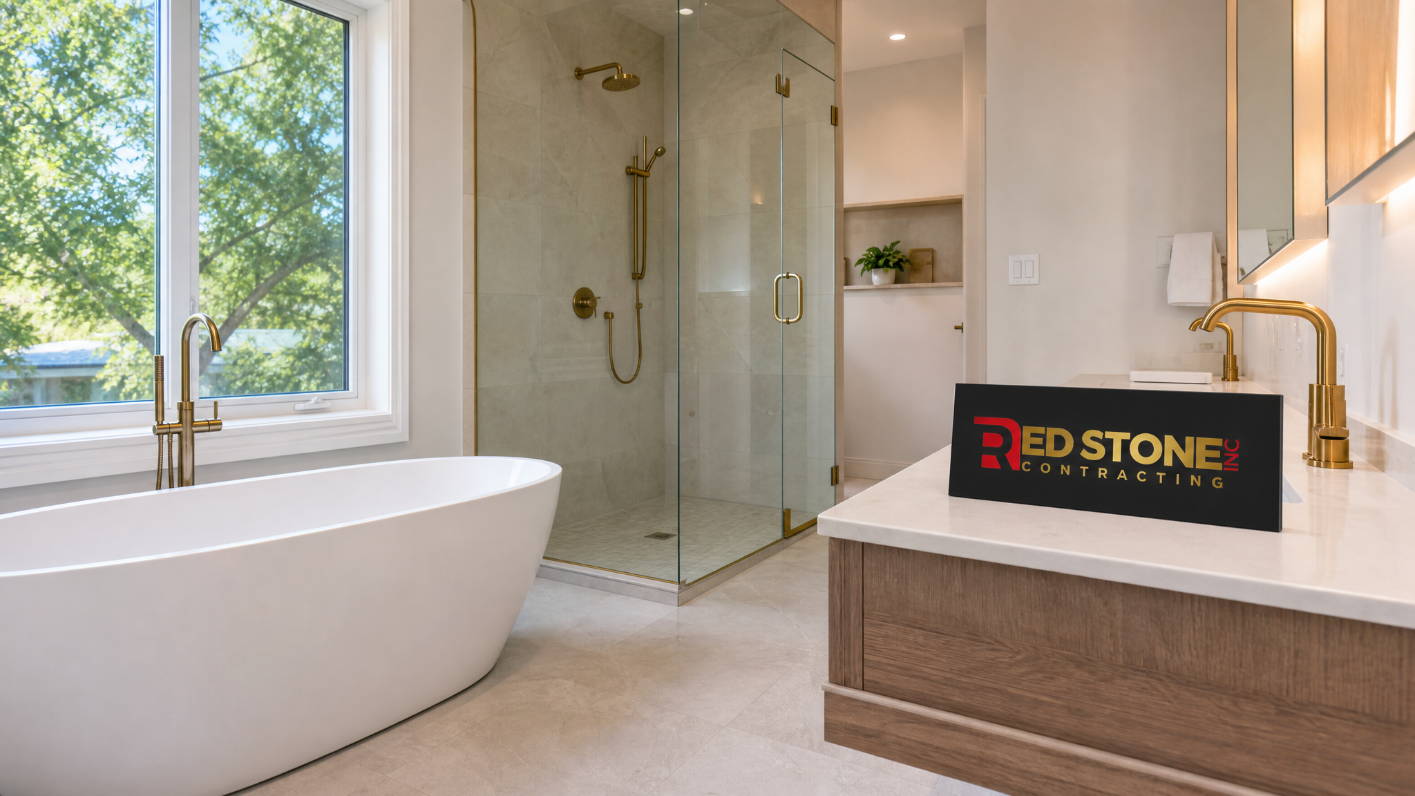 Newly renovated bathroom in a Burlington home with freestanding soaker tub, large-format porcelain tile and a floating vanity in natural summer daylight