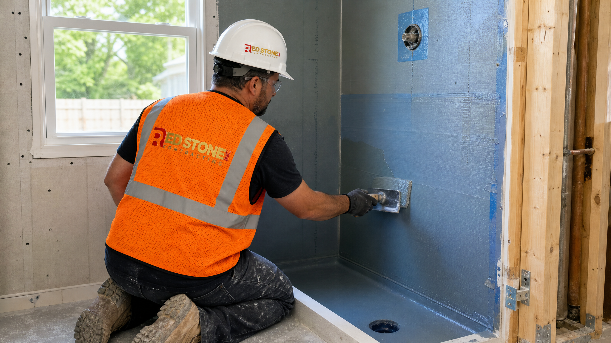 Tradesperson in hard hat, hi-vis vest, safety glasses and gloves installing a waterproofing membrane in a Burlington bathroom