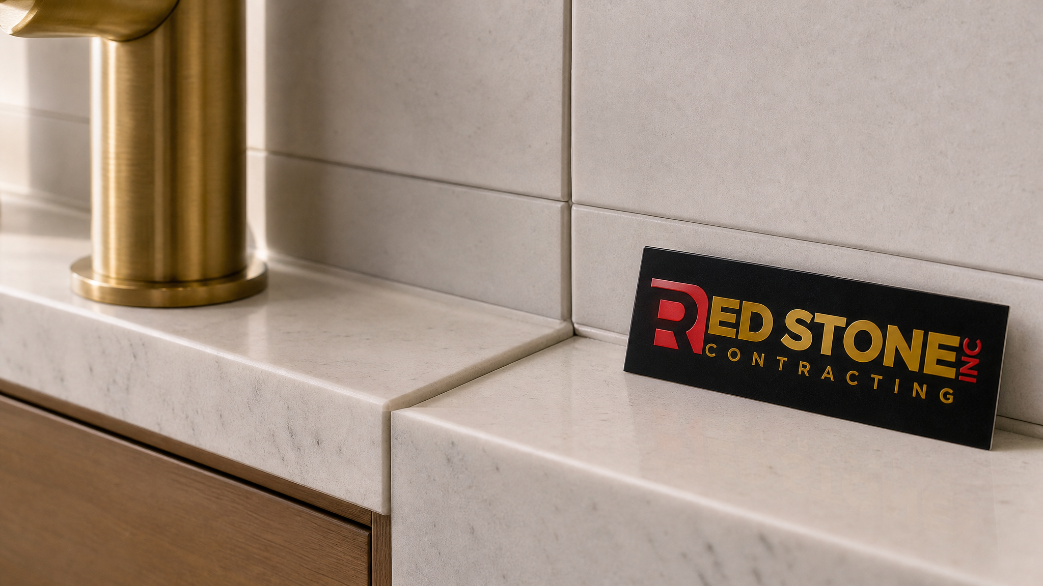Close-up of quartz countertop and porcelain tile detail in an Oakville bathroom renovation