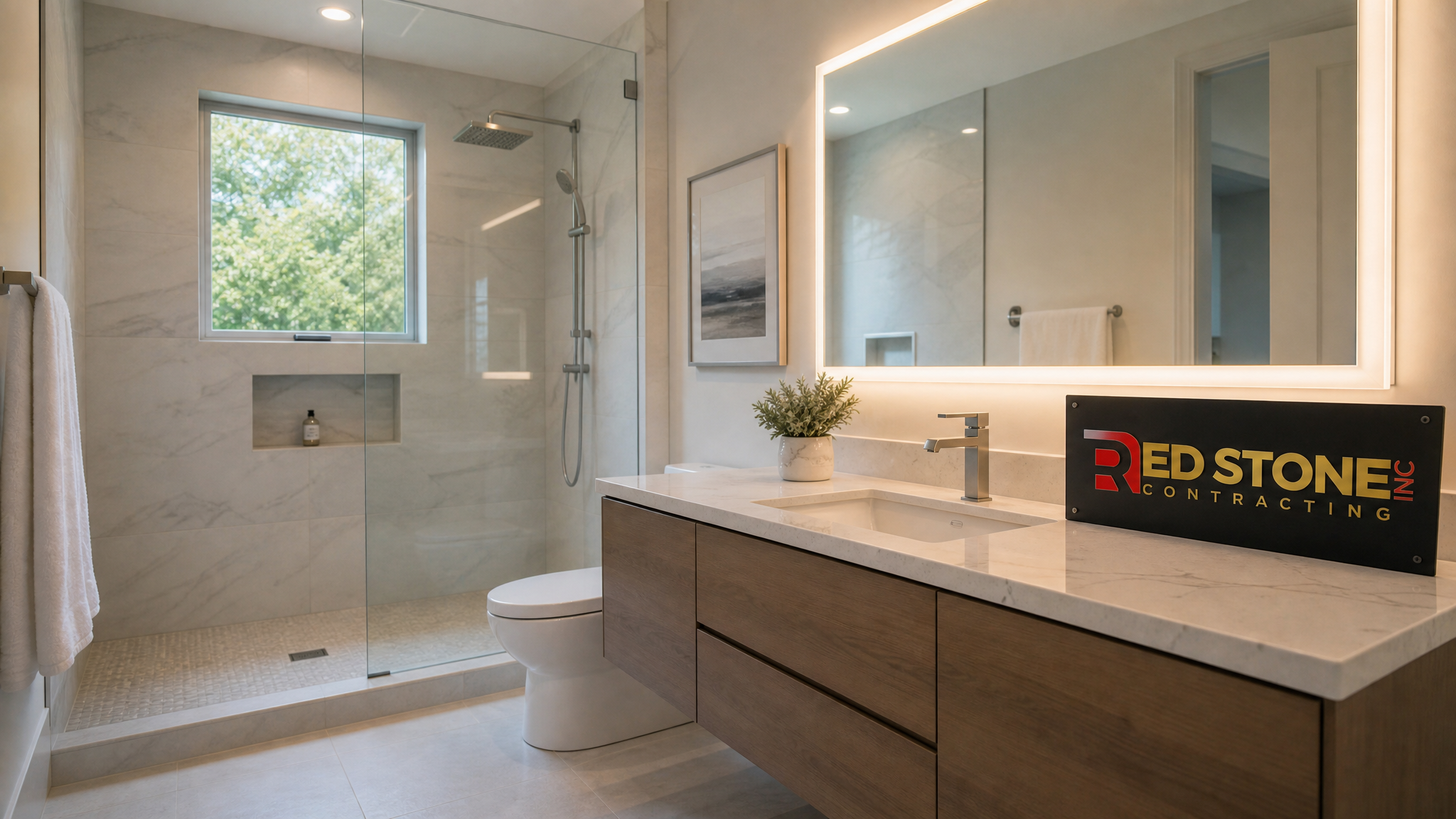 Newly renovated modern bathroom in an Oakville home with natural summer light