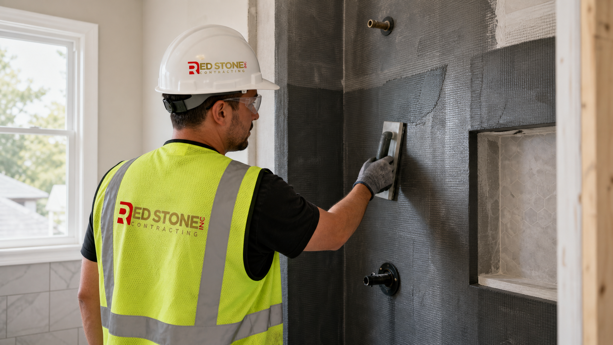 Tradesperson in full safety gear waterproofing a shower during a bathroom renovation in Oakville