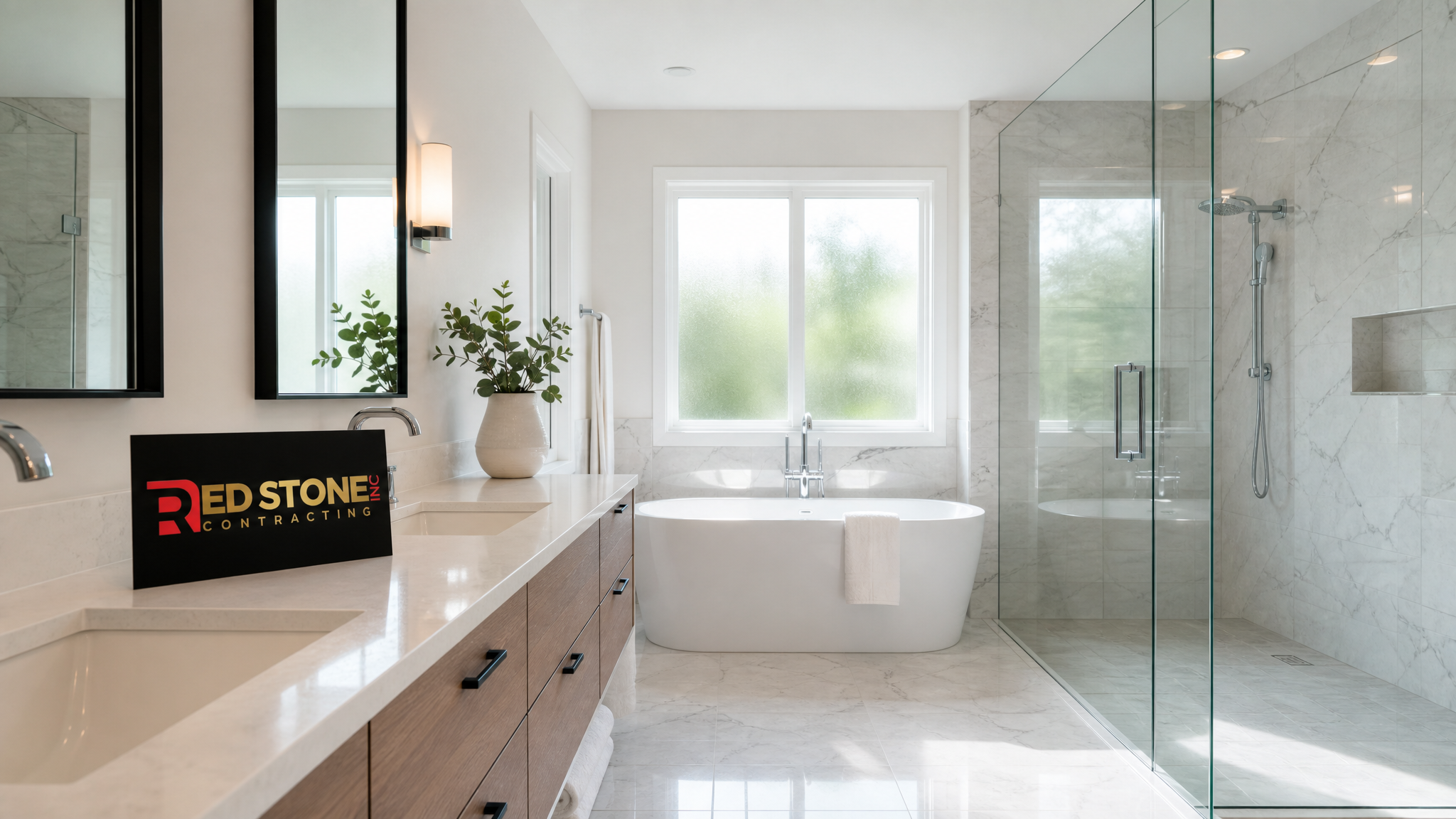 Newly renovated Aurora bathroom with freestanding tub, large-format porcelain tile and natural summer light