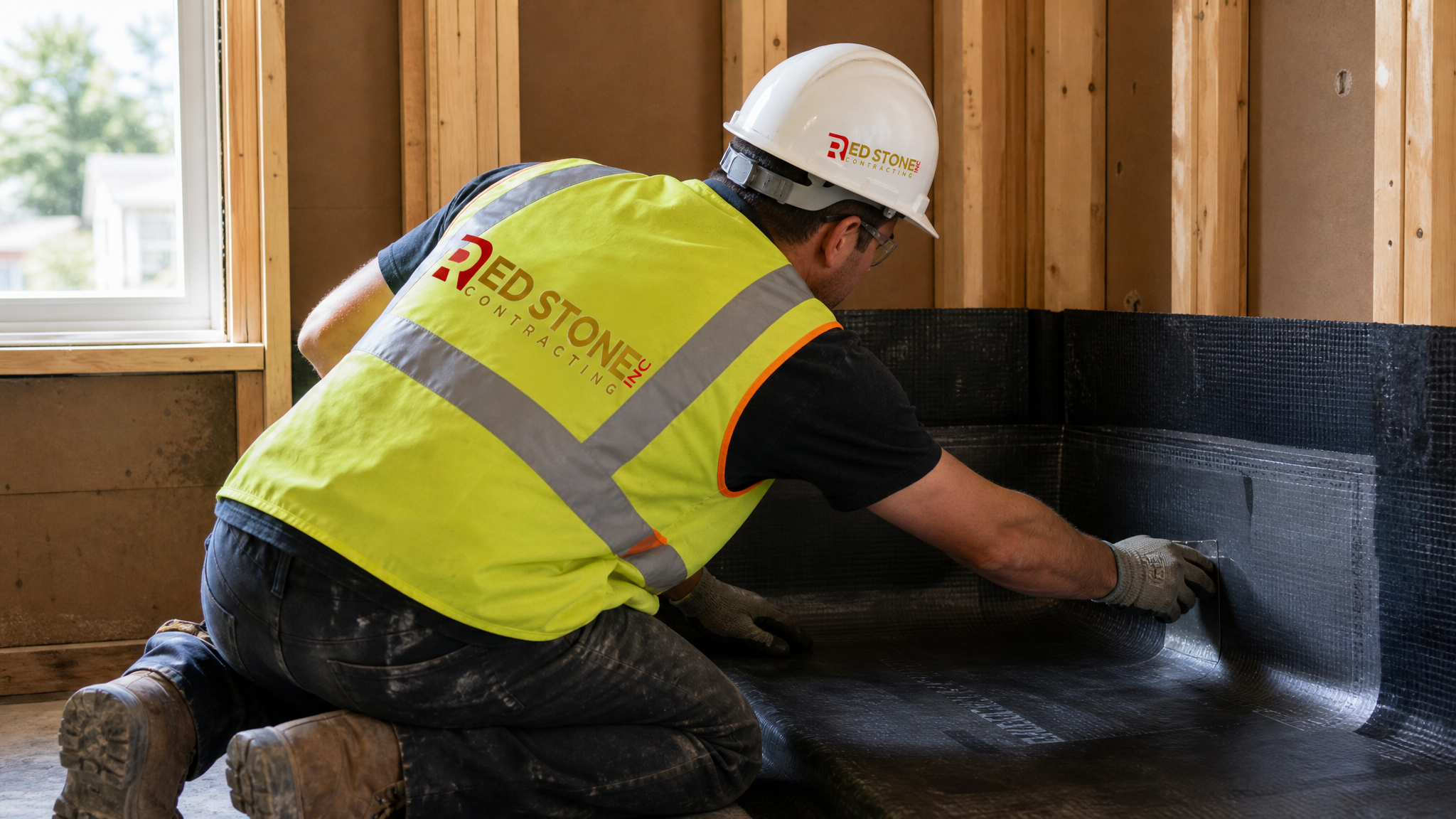 Renovation tradesperson in full safety PPE installing a waterproofing membrane in an Aurora bathroom shower