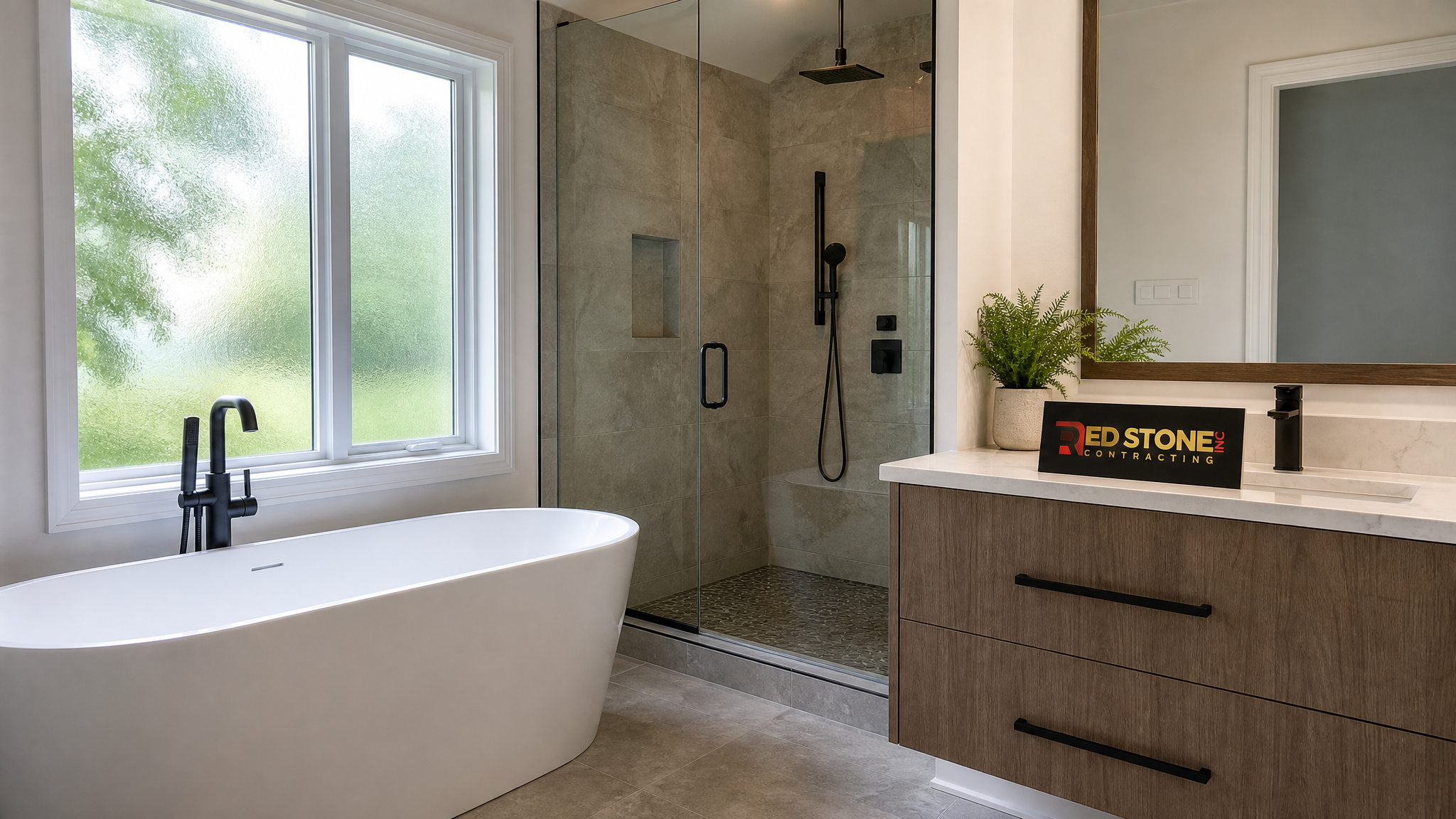 Newly renovated modern bathroom in a Milton home with freestanding tub, large-format tile and natural summer light