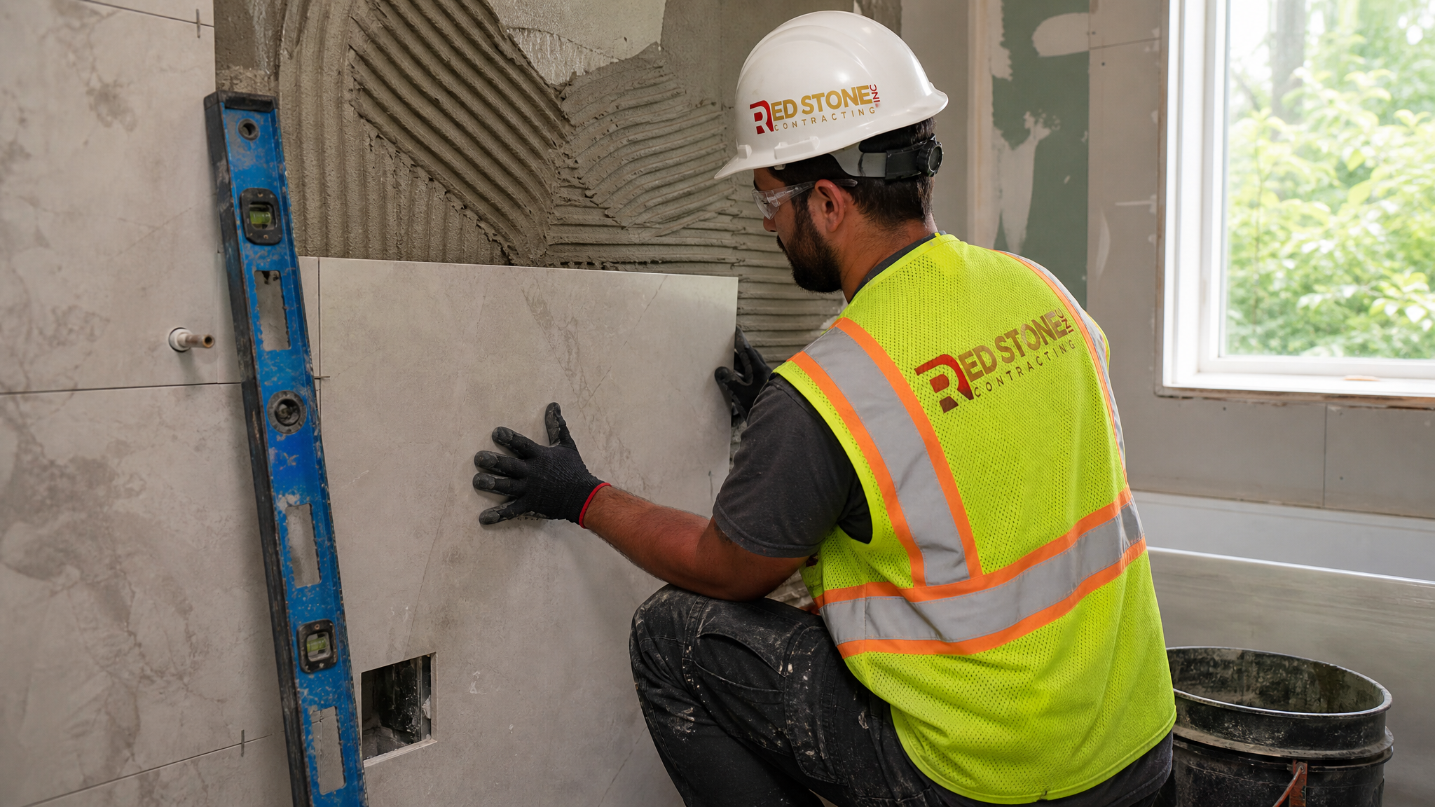 Renovation tradesperson in full safety gear installing large-format porcelain wall tile in a Milton bathroom