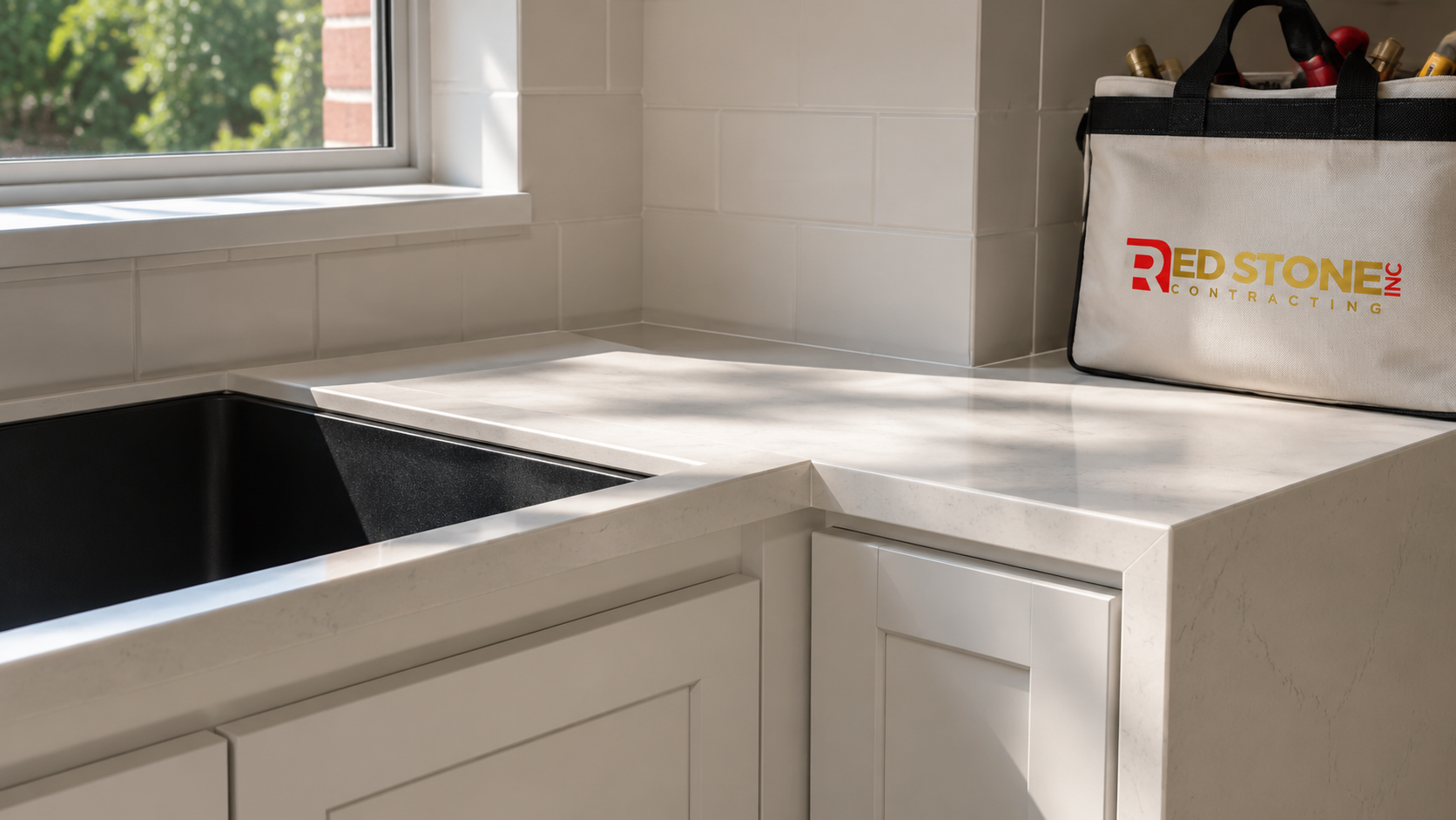 Close detail of new custom cabinetry and stone counter from a home renovation Halton Region kitchen project