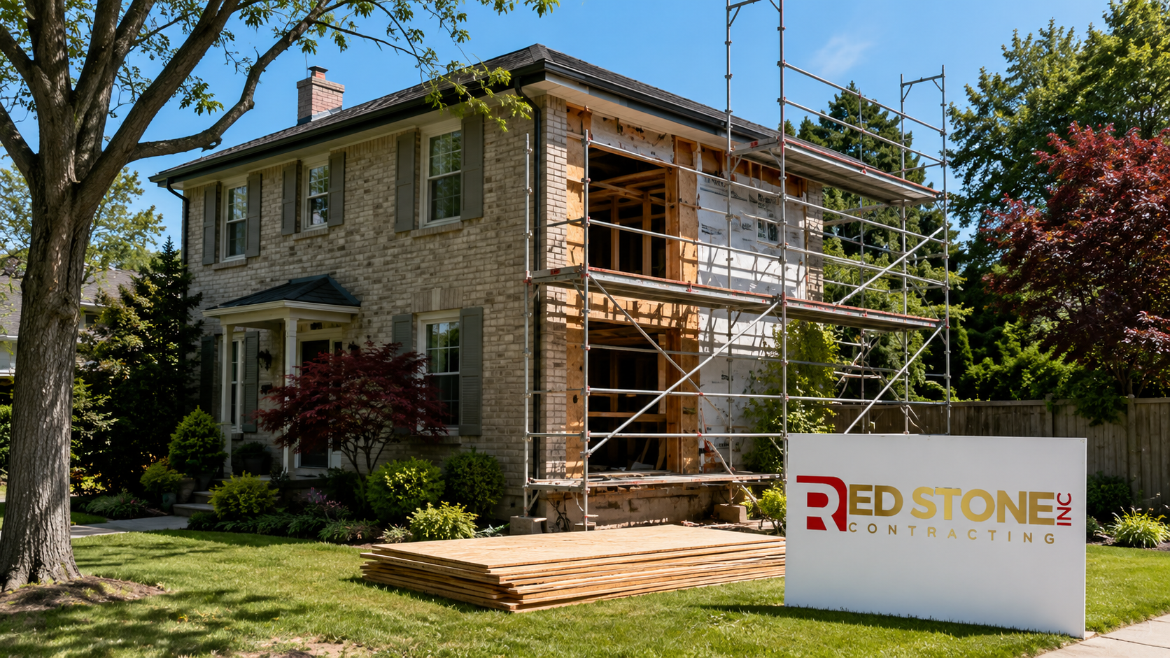 Two storey suburban brick home mid home renovation in Halton Region with scaffolding on a summer day