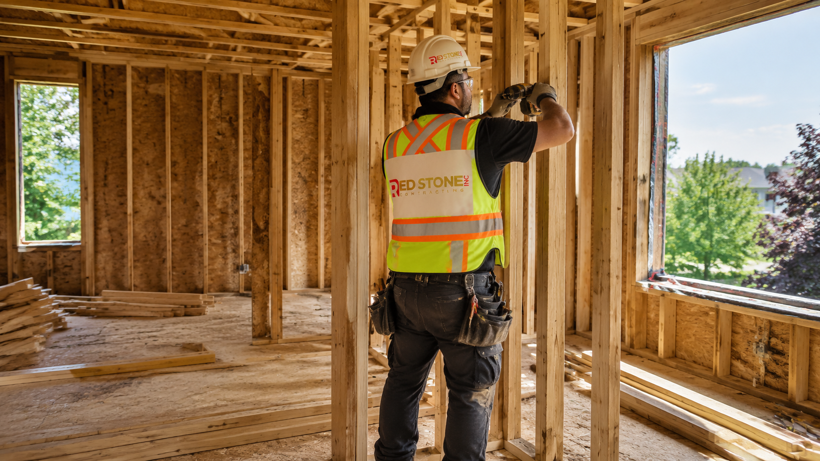 Renovation tradesperson in safety gear framing an interior wall during a home renovation Halton Region project