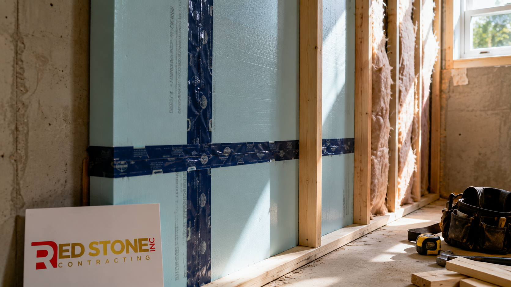 Close view of insulated foundation wall and framing detail from a basement renovation in Oakville project