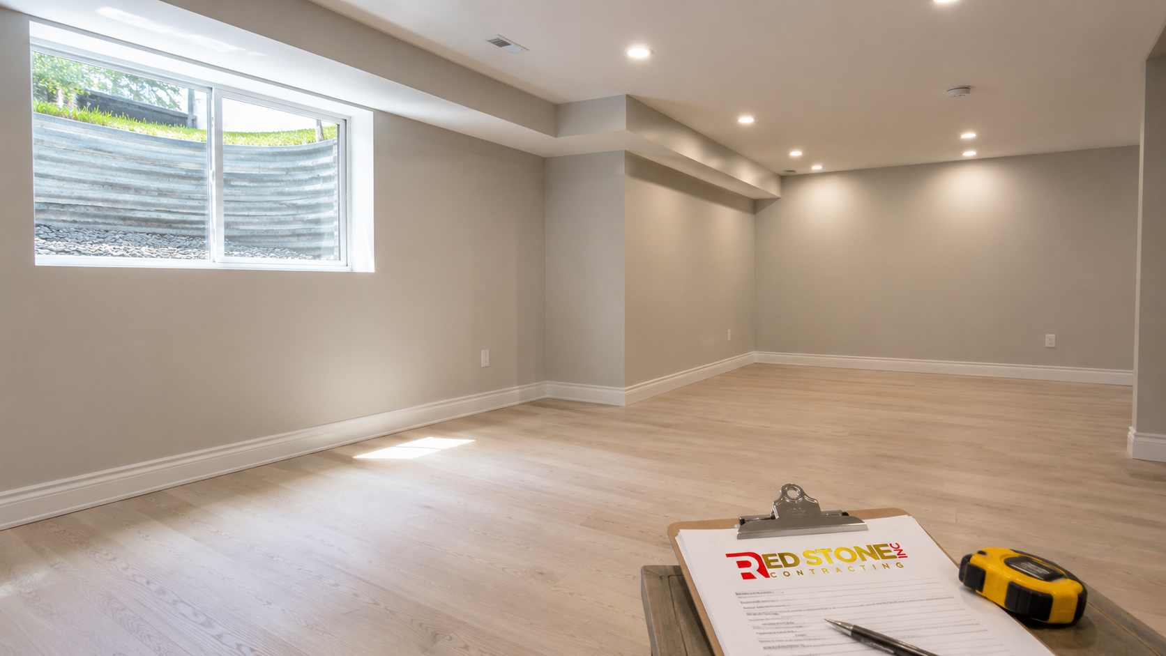 Finished lower level living space after a basement renovation in Oakville with recessed lighting and engineered flooring
