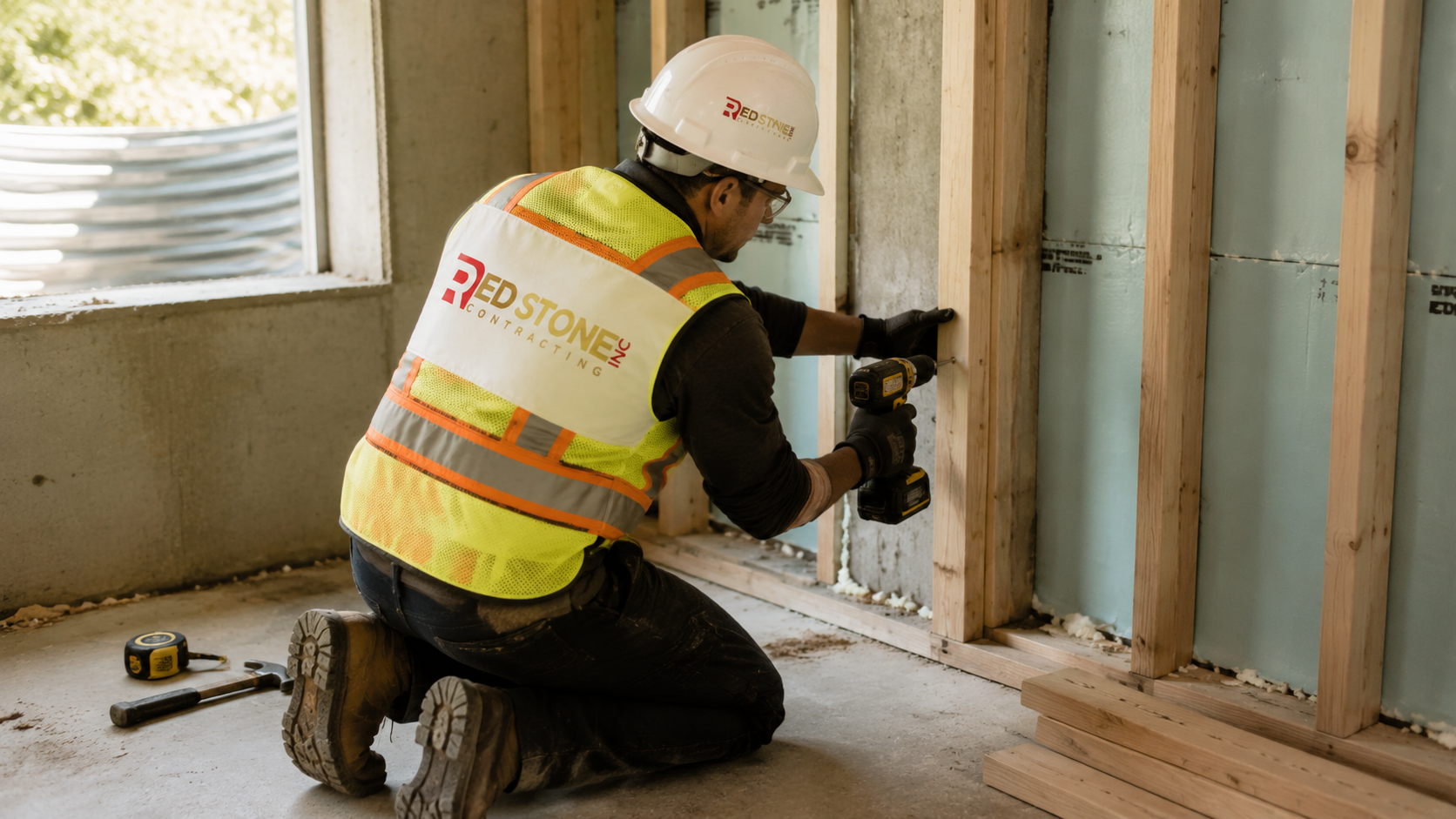 Tradesperson framing an interior wall during a basement renovation in Oakville with foundation insulation visible behind