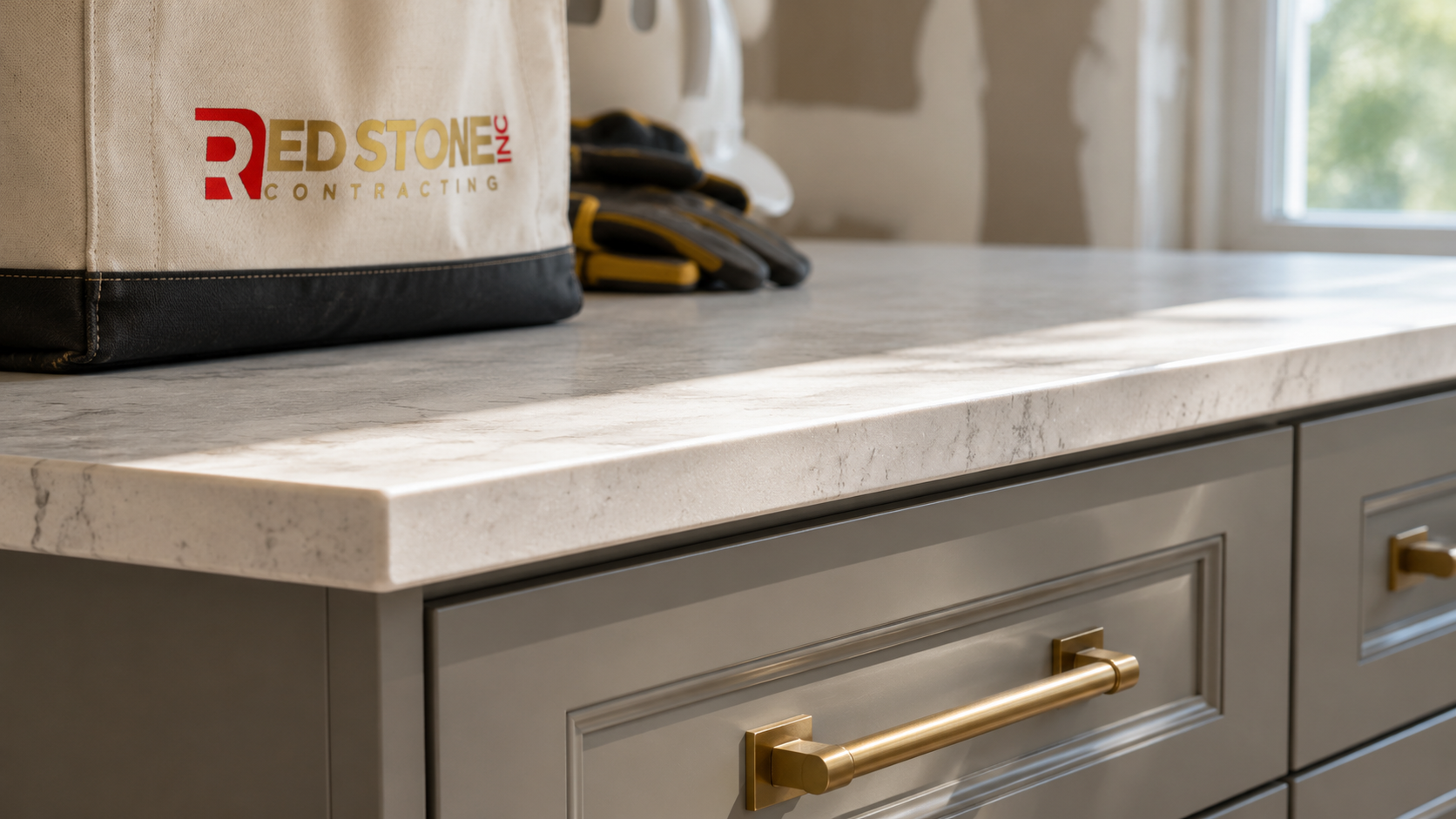 Close view of quartz countertop edge and cabinet hardware from a kitchen renovation Burlington homeowners completed