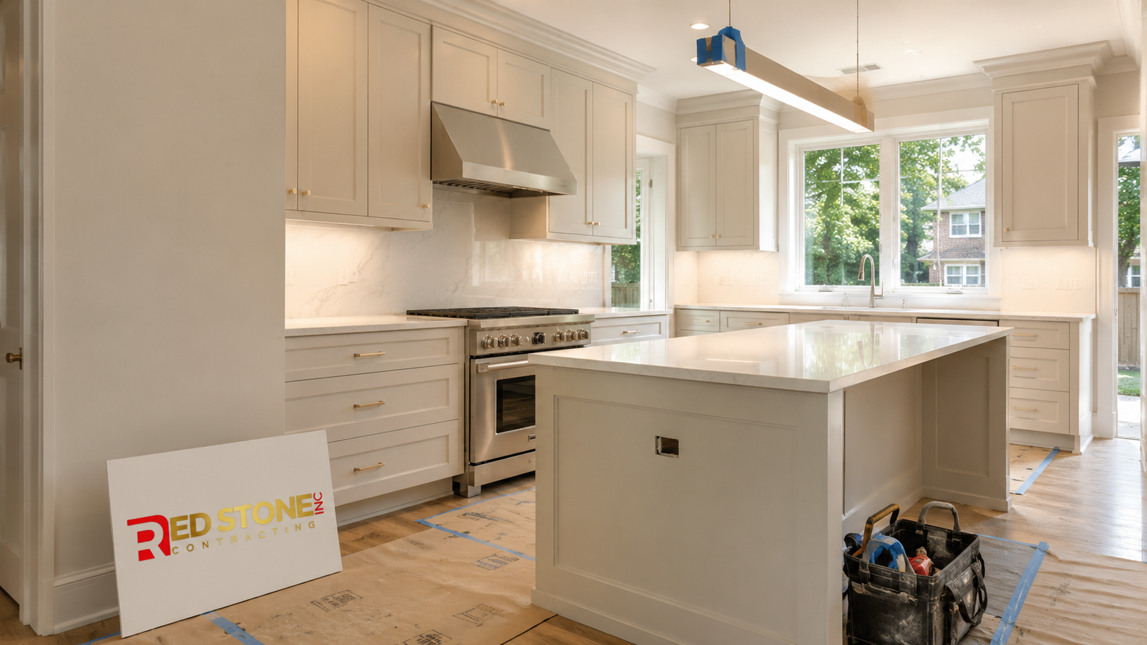 Newly completed kitchen renovation Burlington homeowners commissioned, with island, quartz counters and full-height cabinetry