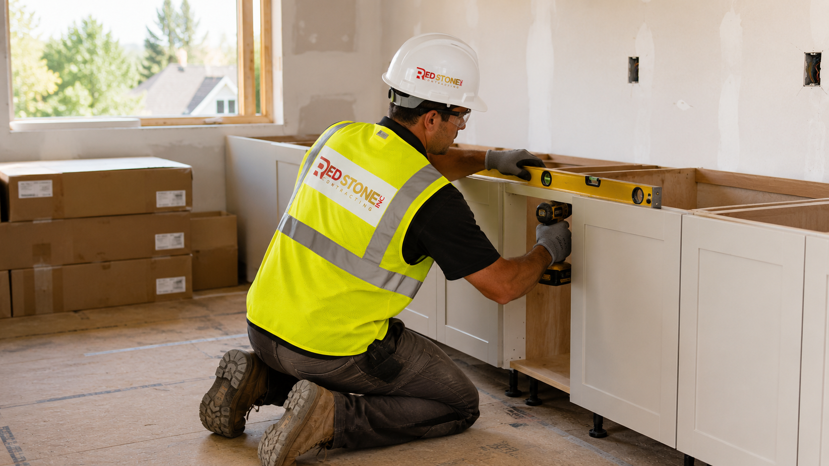 Tradesperson in safety gear installing base cabinets during a kitchen renovation Burlington project