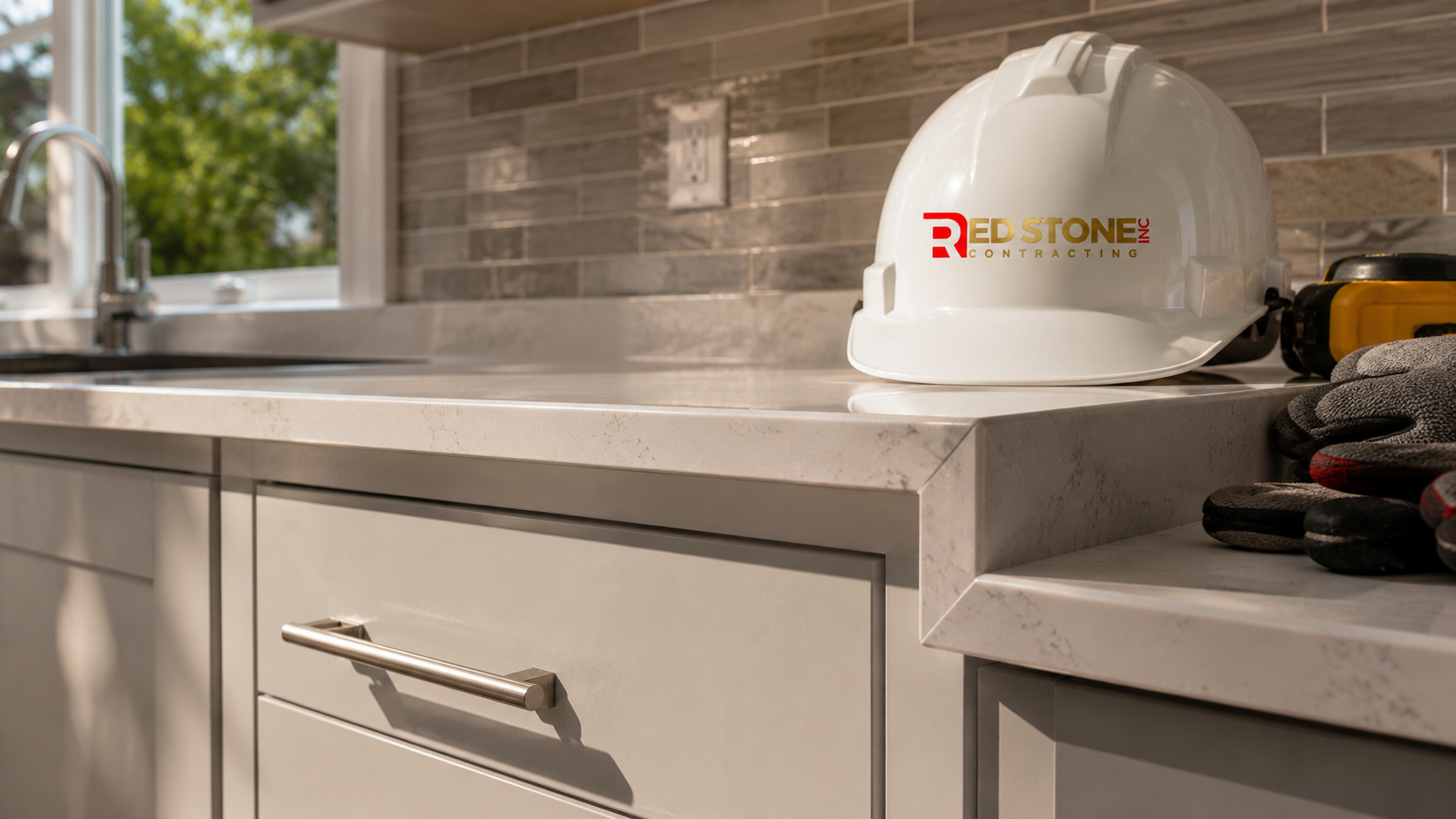 Close-up detail of finished cabinetry and countertop from a completed home renovation Milton kitchen