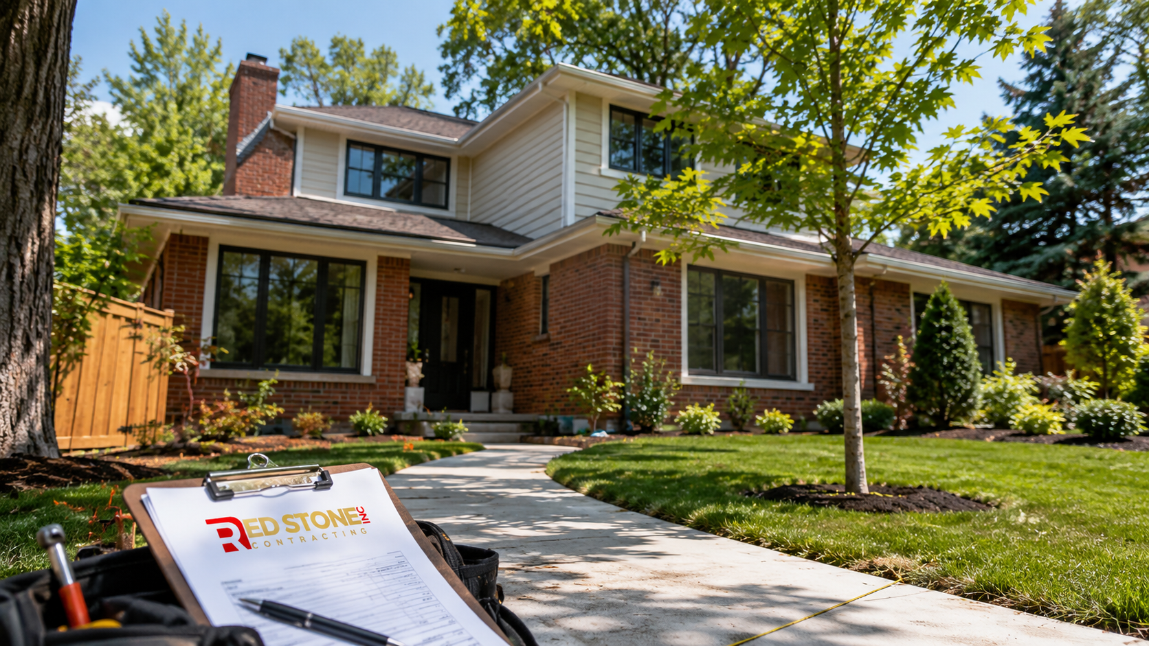 Two-storey brick suburban home in Milton with completed exterior home renovation work in summer