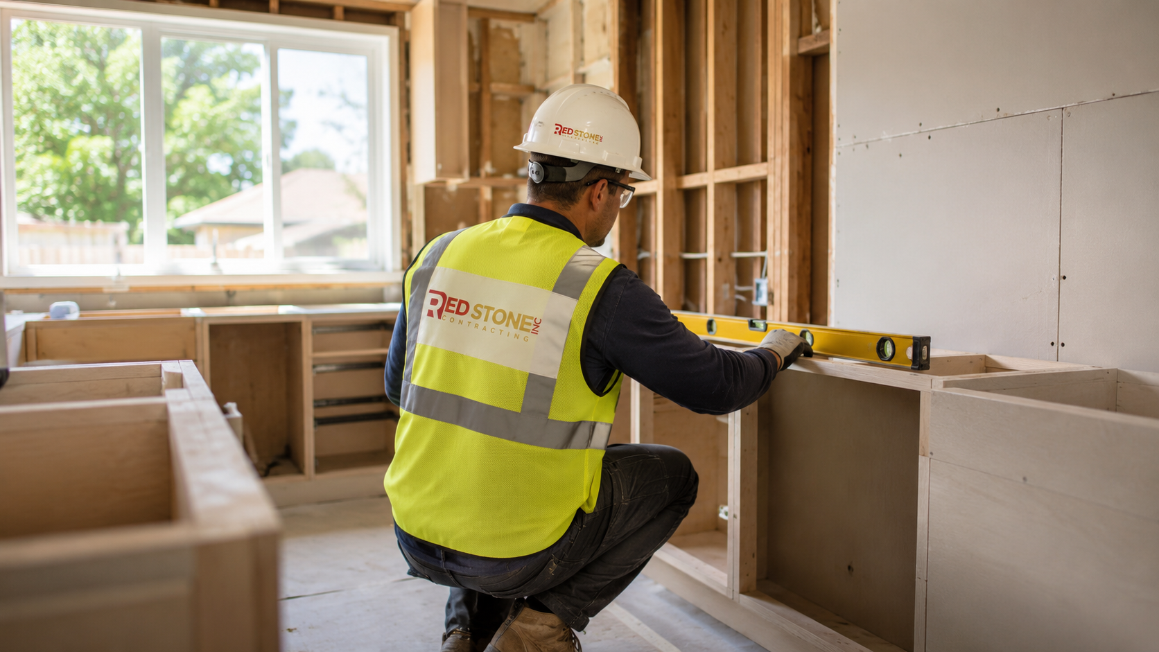 Tradesperson in full safety gear installing cabinetry during a home renovation Milton kitchen project
