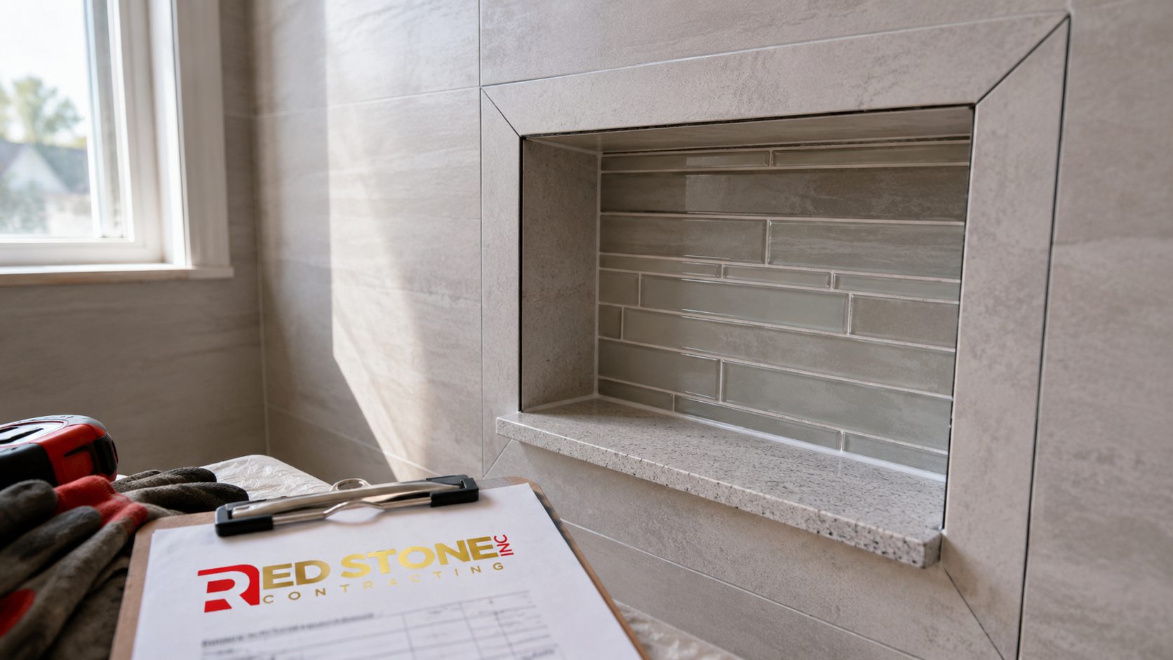 Close-up detail of tile and waterproofing in a completed bathroom renovation in Oakville shower niche