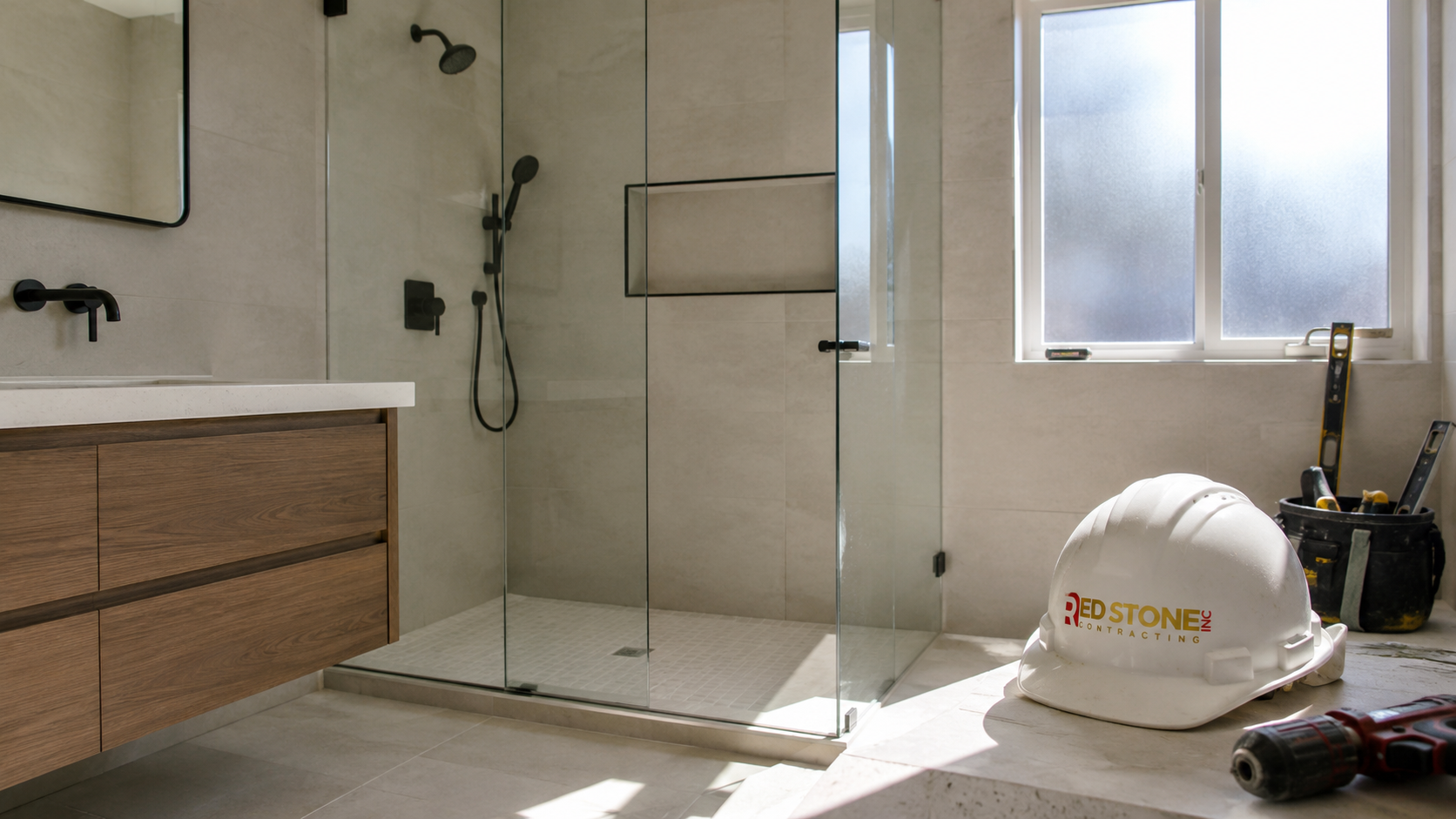 Completed bathroom renovation in Oakville with porcelain tile shower, glass enclosure and floating vanity