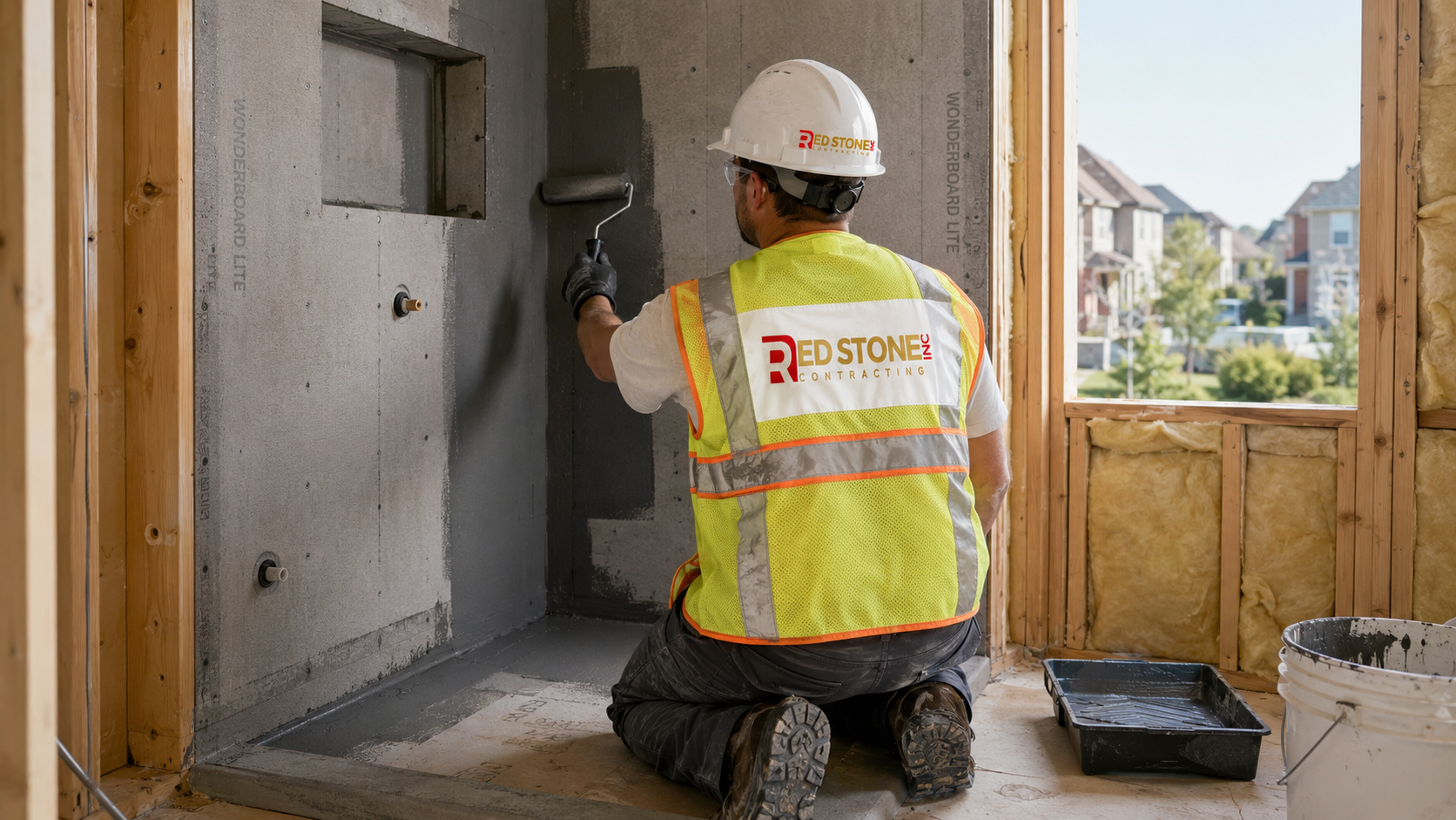 Tradesperson in safety gear applying waterproofing membrane during a bathroom renovation in Oakville