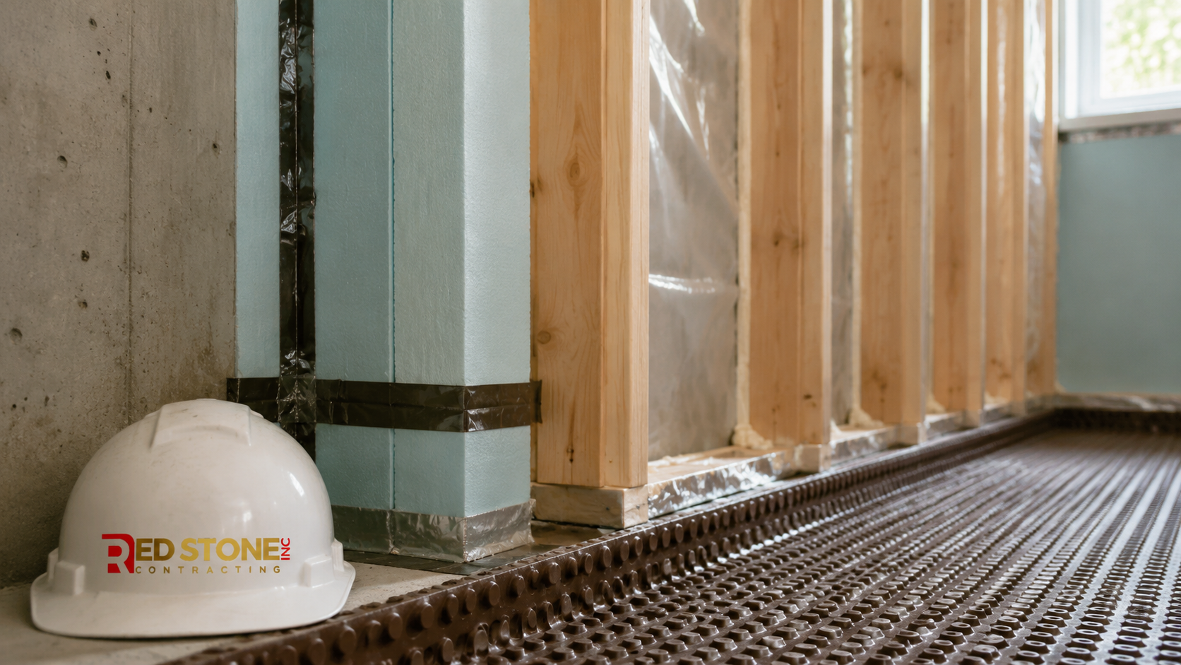 Close-up of insulated foundation wall and dimpled subfloor detail in a basement renovation Burlington project